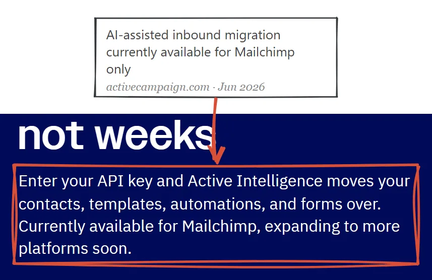 ActiveCampaign switch page June 2026: AI-assisted migration currently available for Mailchimp