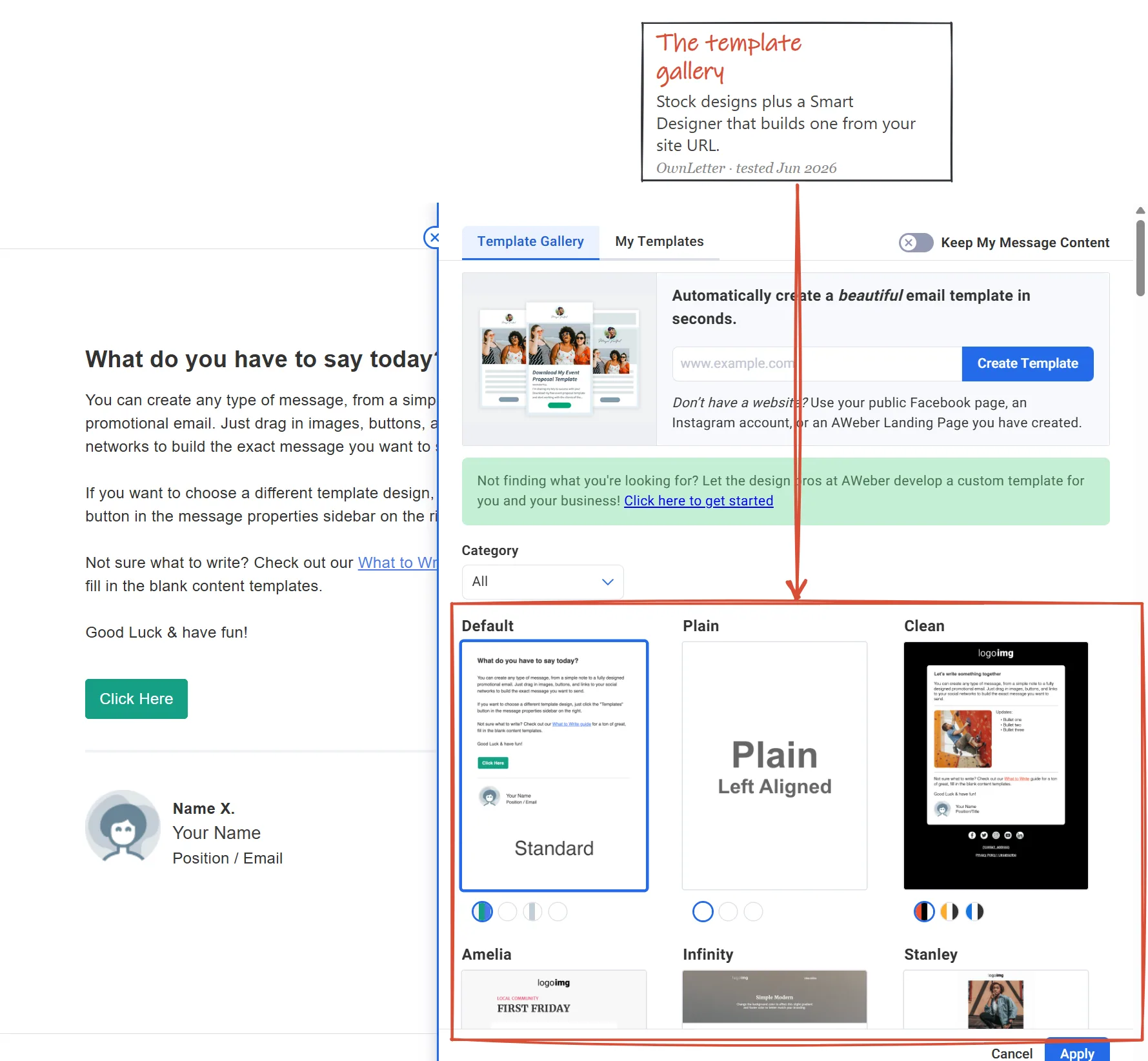 AWeber template gallery opened from the message editor