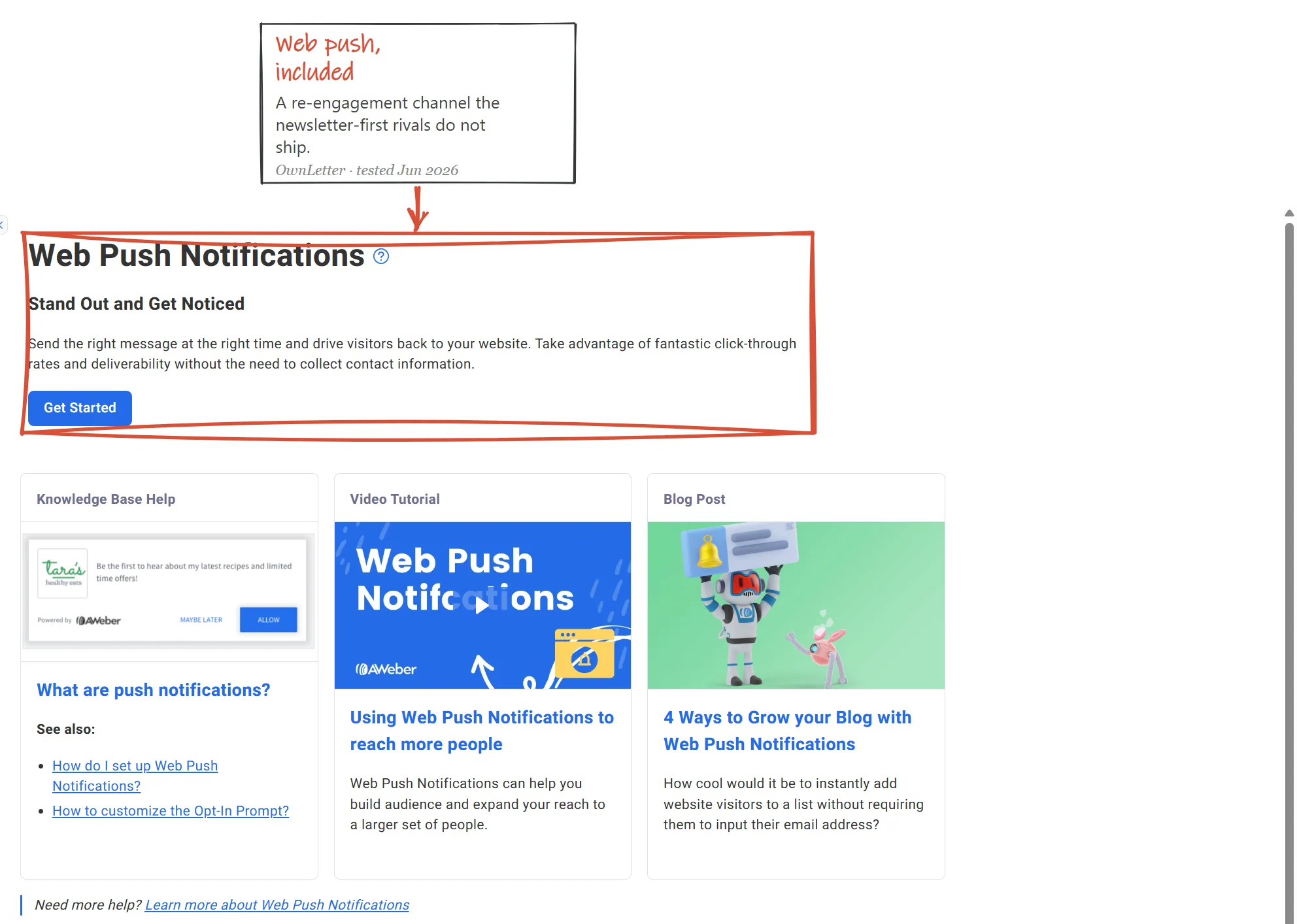 AWeber Web Push Notifications page on a free account