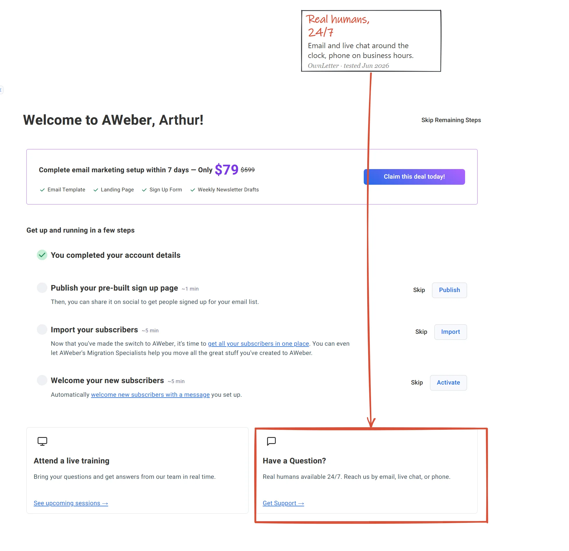 AWeber in-app onboarding promising real humans available 24/7 by email, live chat or phone