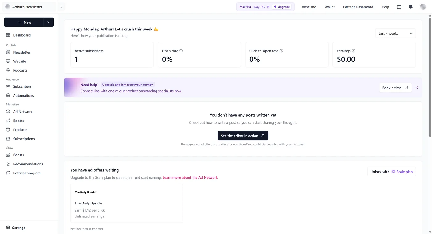Beehiiv dashboard home on a fresh trial account