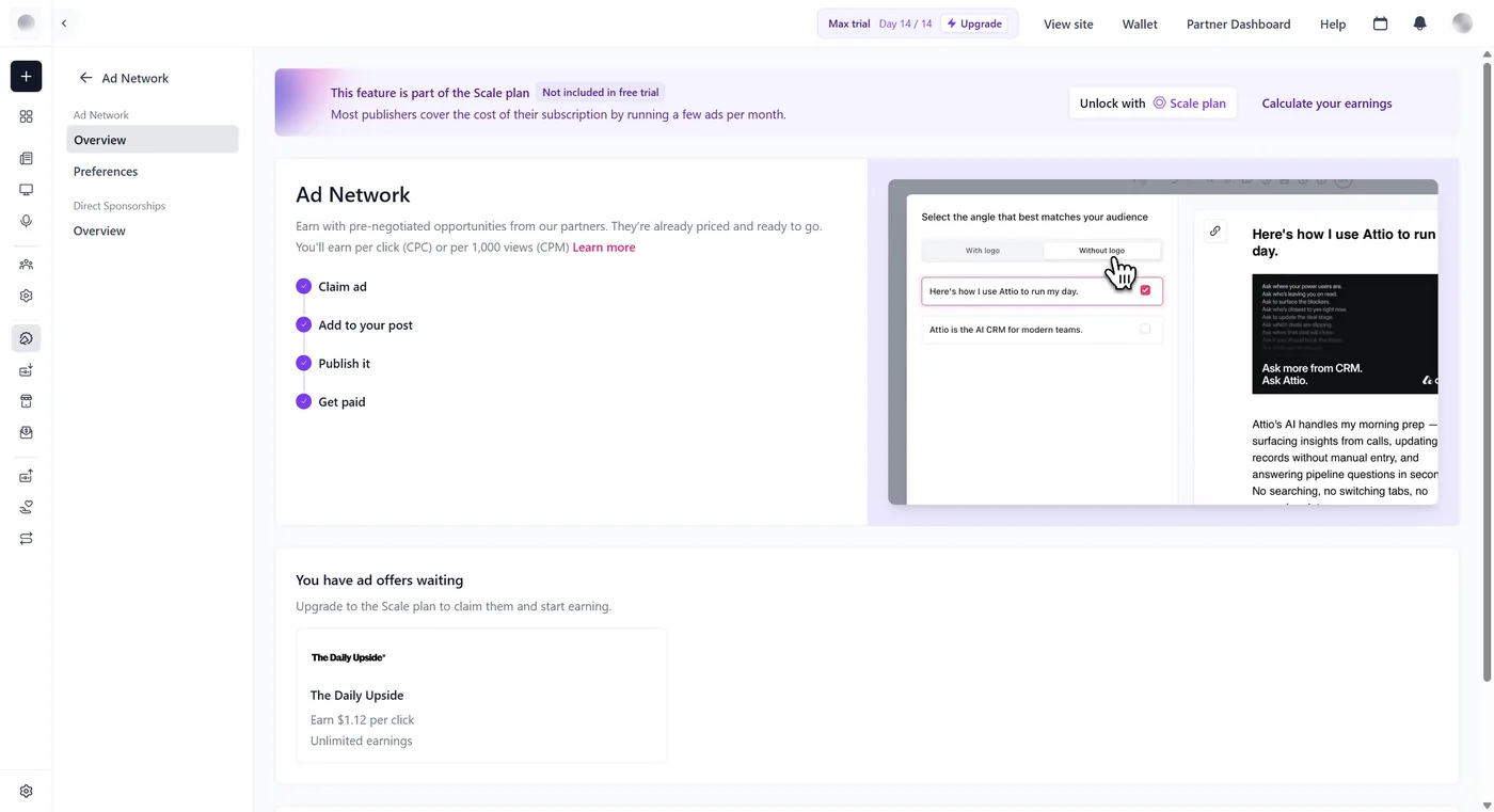 The beehiiv Ad Network on a fresh trial account, showing matched sponsor offers behind a Scale-plan activation banner