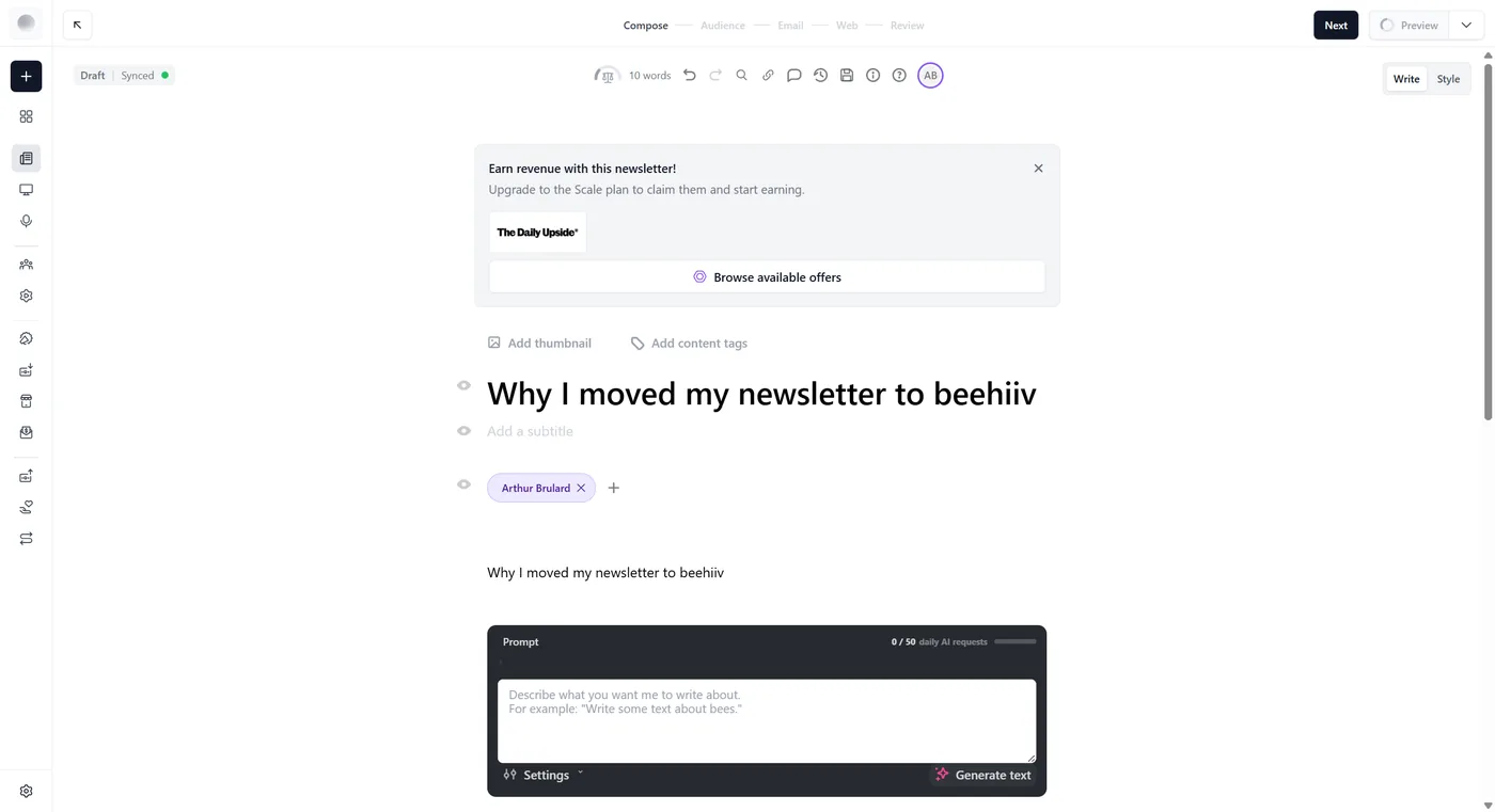 Composing a demo post in beehiiv's editor