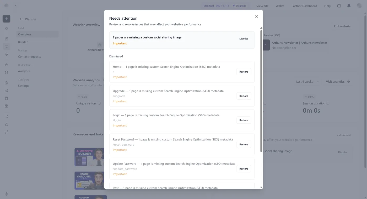 Beehiiv website section on a fresh trial account, flagging missing SEO metadata and social-sharing images