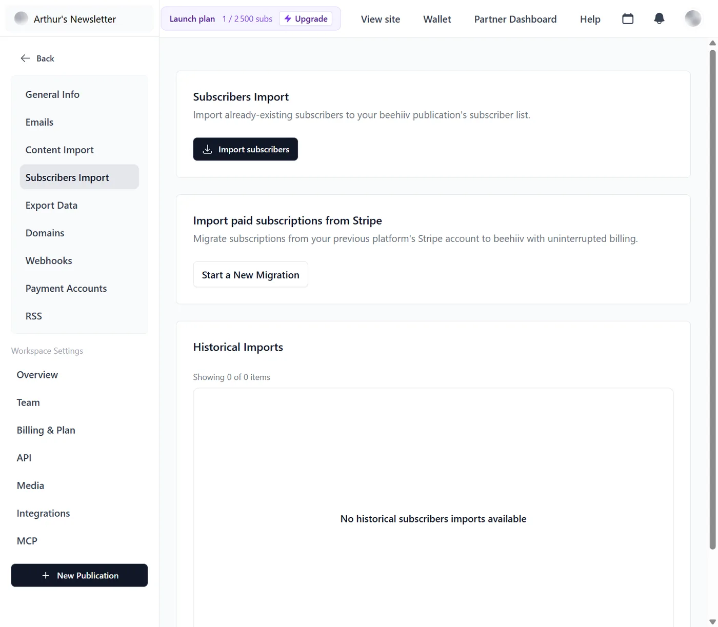 Beehiiv Subscriber Import screen on our own account, June 2026: the built-in tool to import paid subscriptions from Stripe
