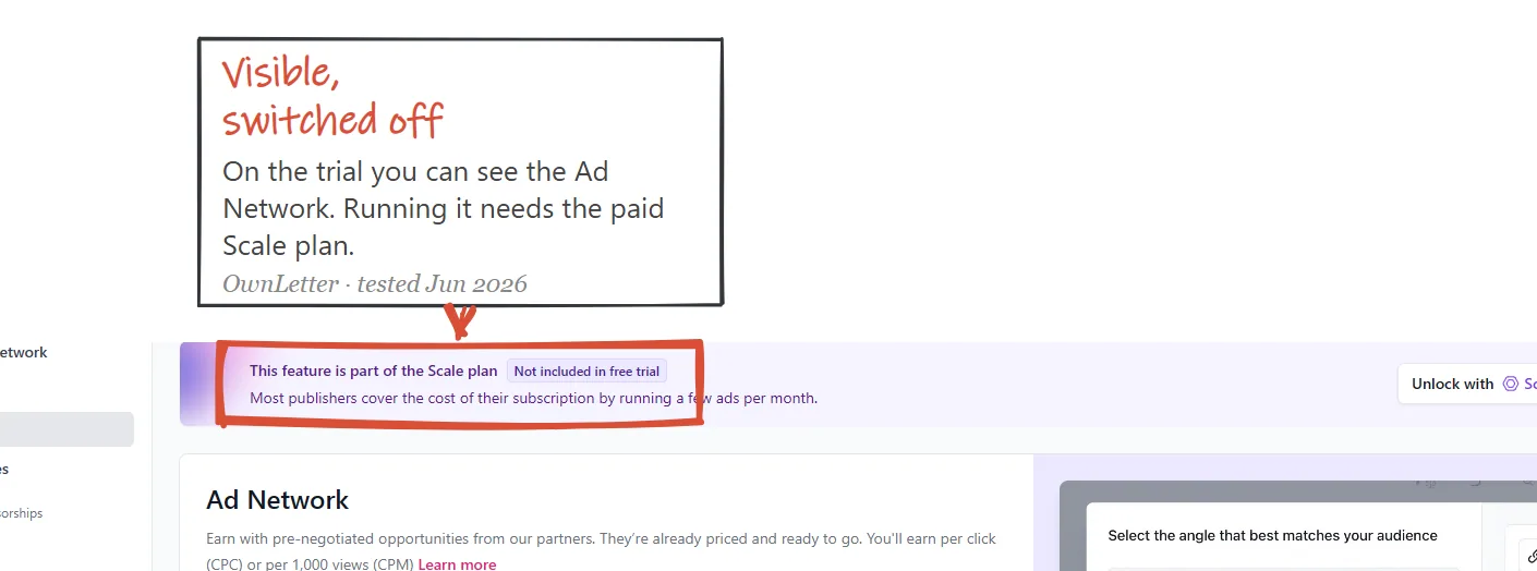 Beehiiv ad network page June 2026, showing native CPM and CPC ad placement interface on the Scale plan