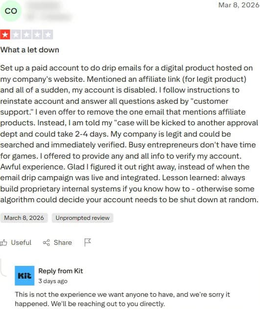Trustpilot 1-star review of Kit reporting account disabled after mentioning a legitimate affiliate link, with Kit's official reply