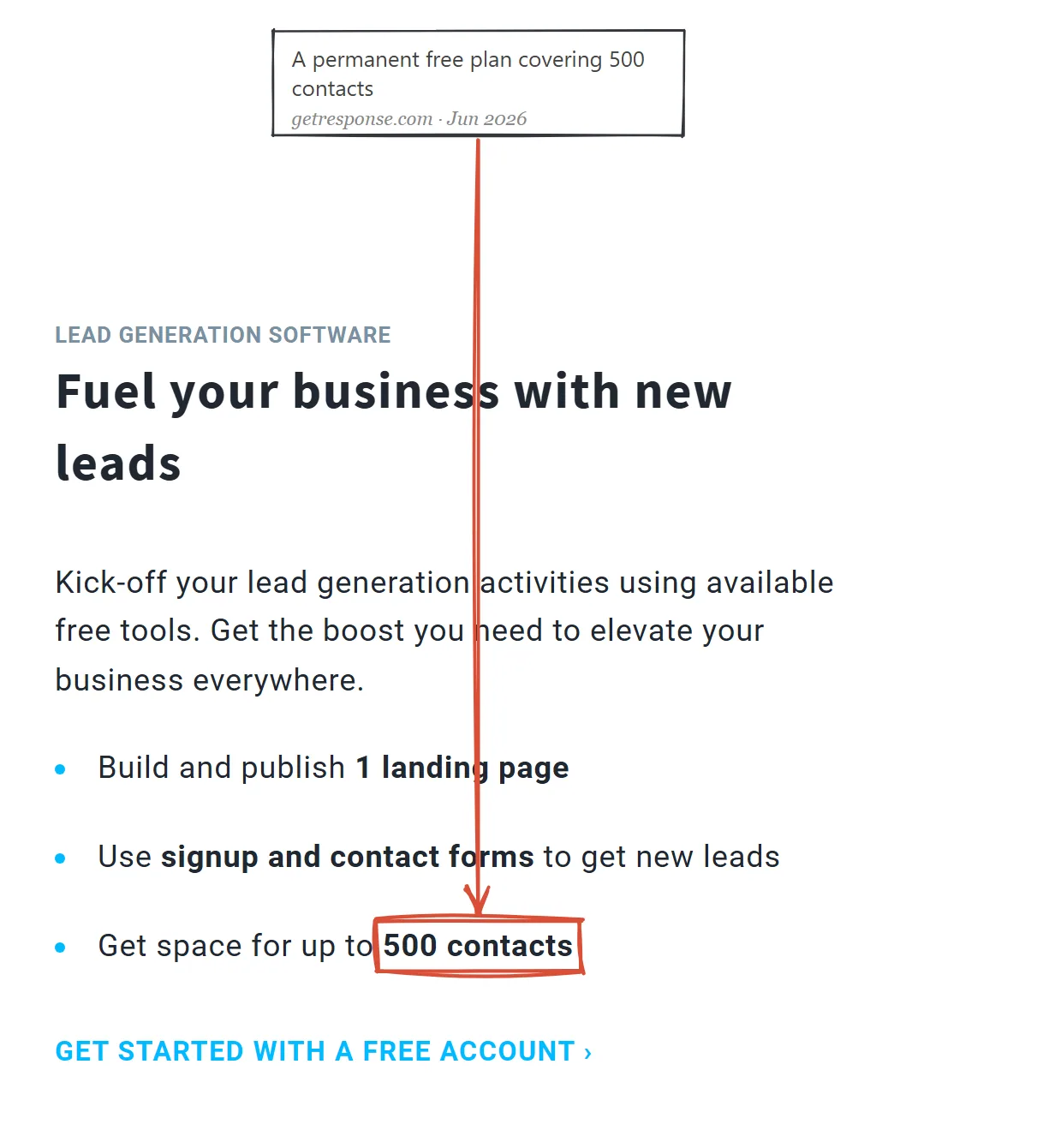 GetResponse free plan page June 2026: permanent free plan covering 500 contacts