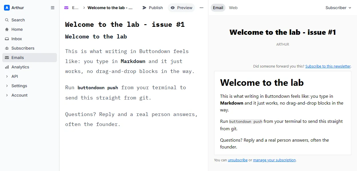 Drafting a newsletter in Buttondown's Markdown editor with a live email preview