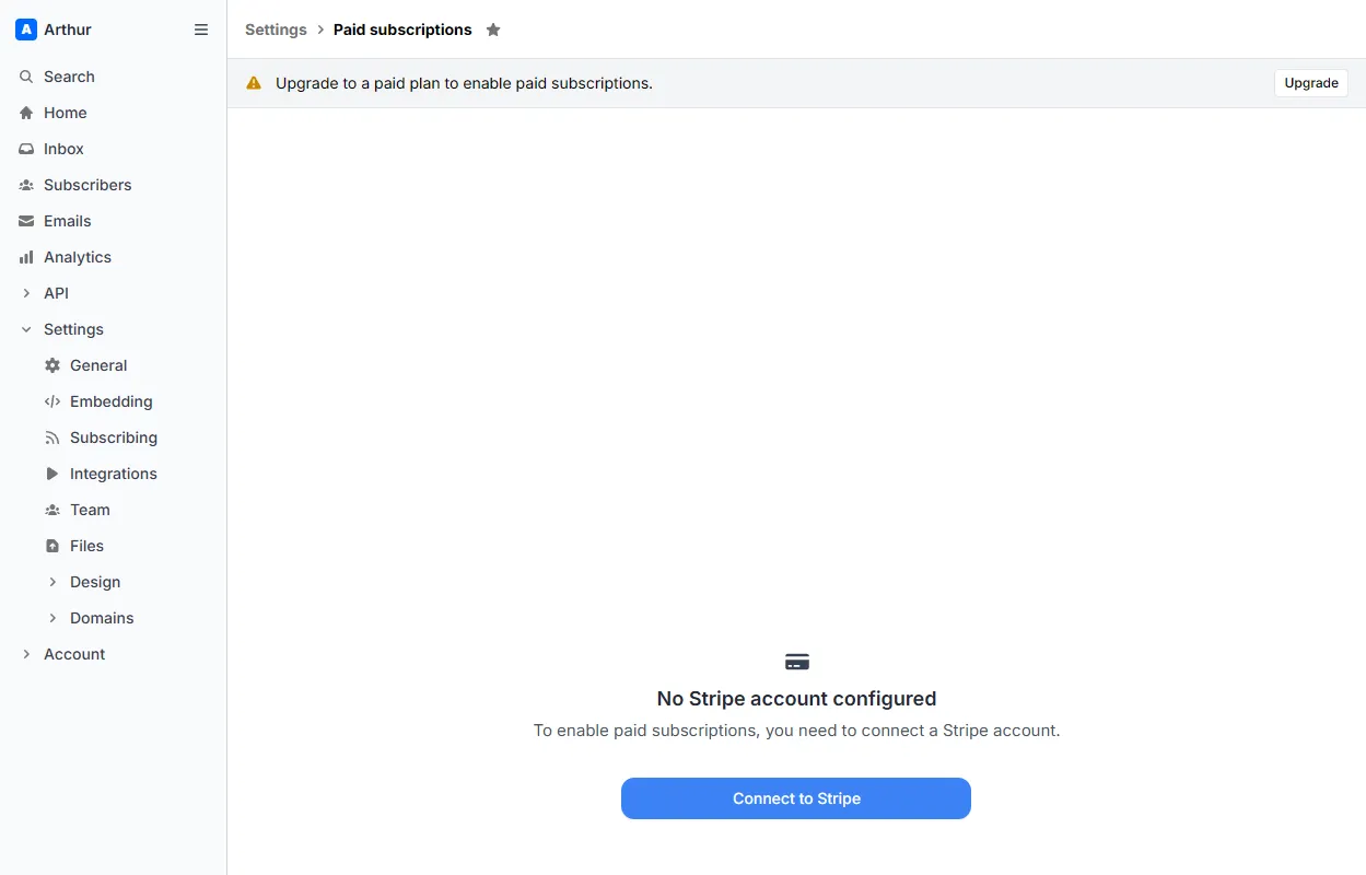 Buttondown's paid-subscriptions setup, showing a paid-plan requirement and a Connect to Stripe button