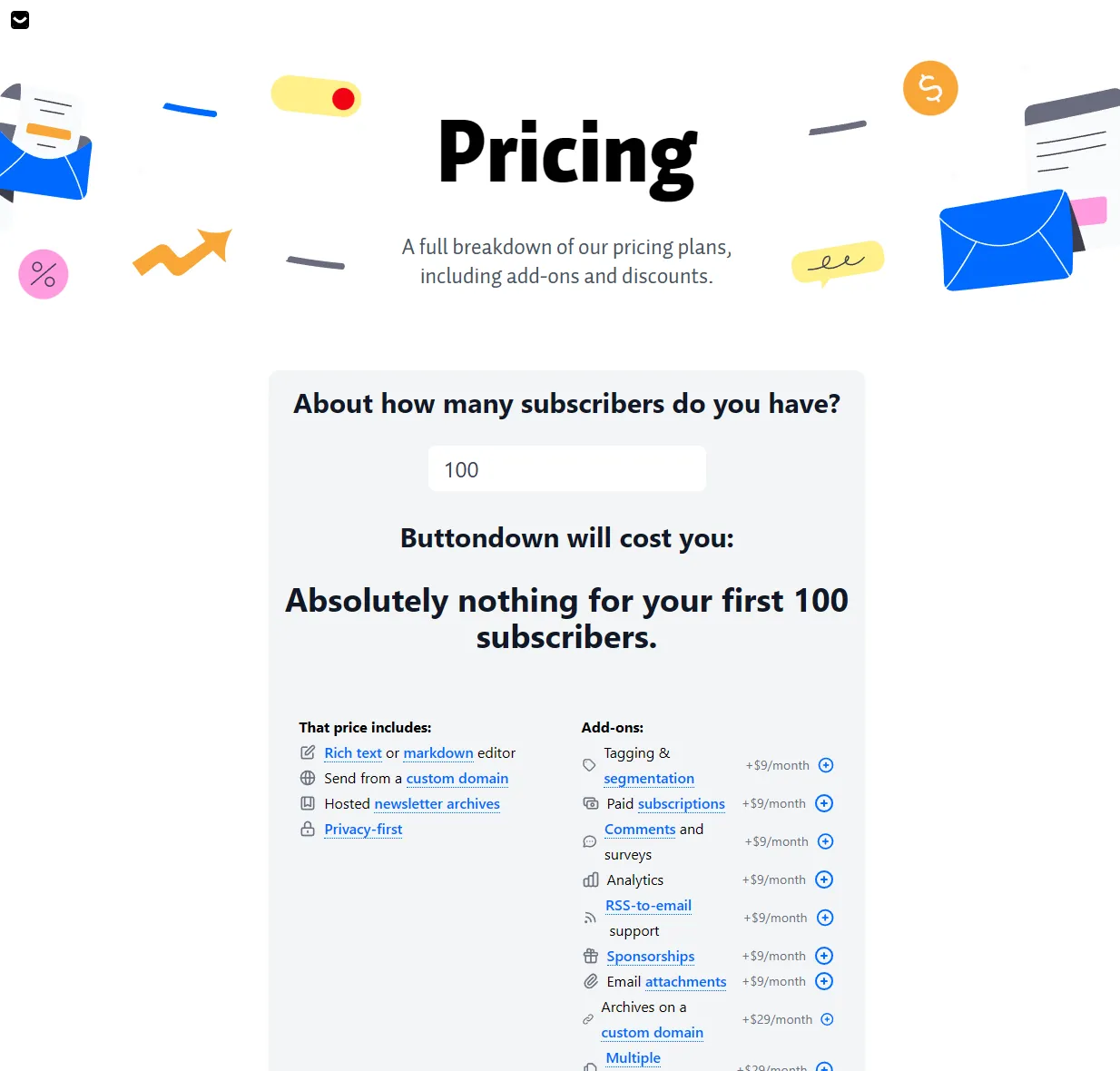 Buttondown's pricing estimator showing free to 100 subscribers and a menu of per-feature add-ons