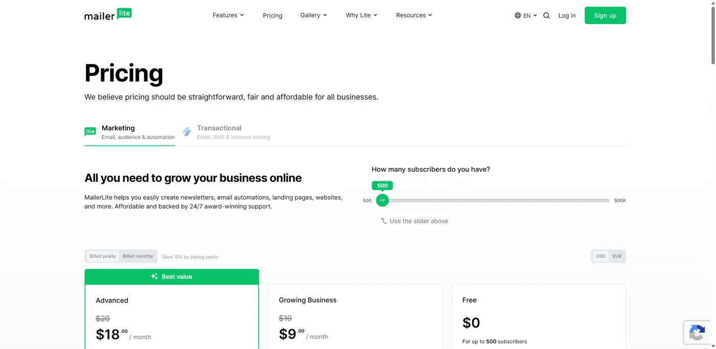 MailerLite pricing page June 2026: subscriber slider, Advanced, Growing Business and a Free plan for up to 500 subscribers
