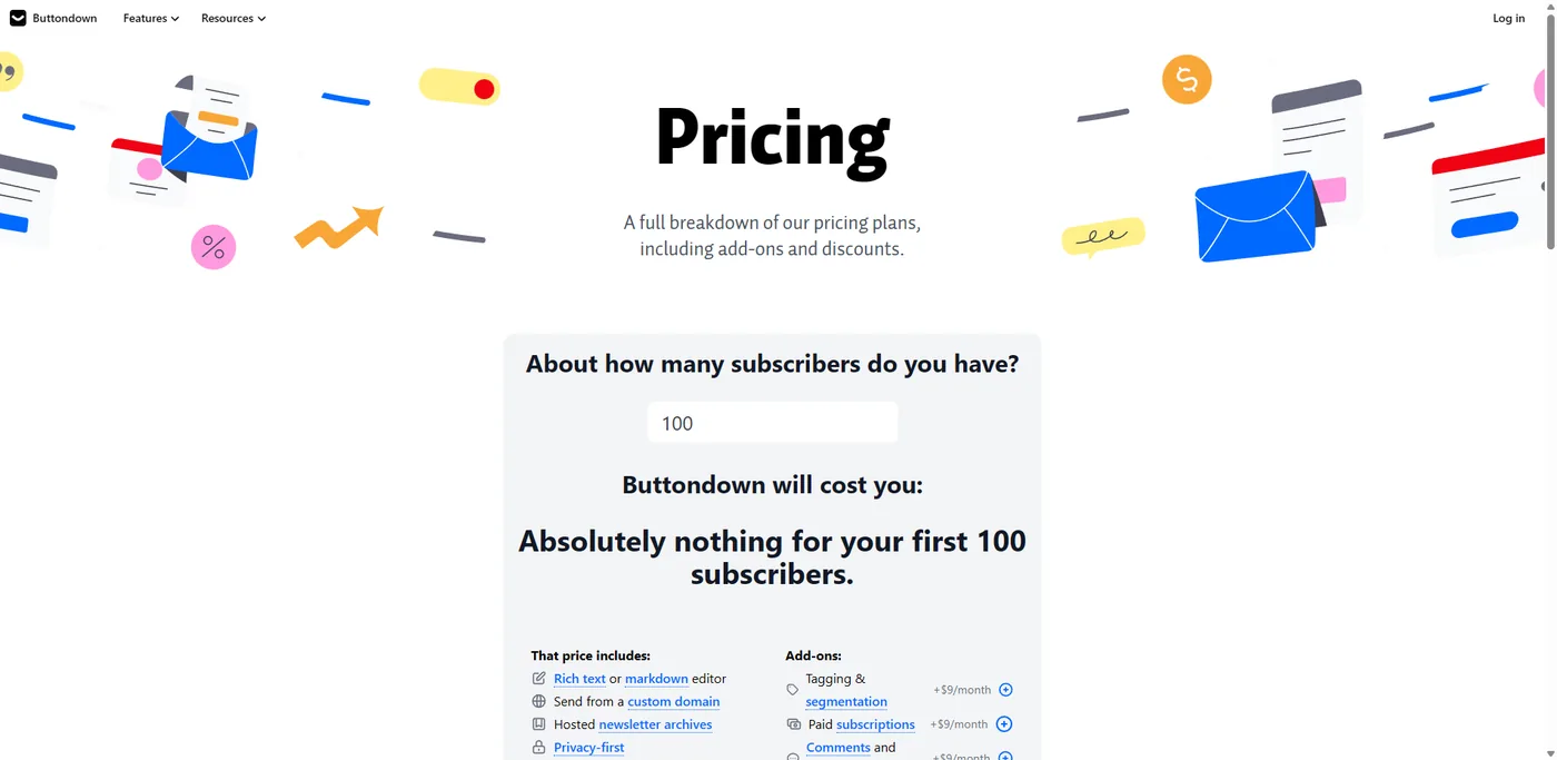 Buttondown pricing page June 2026: subscriber estimator, free for the first 100 subscribers, paid subscriptions as an add-on