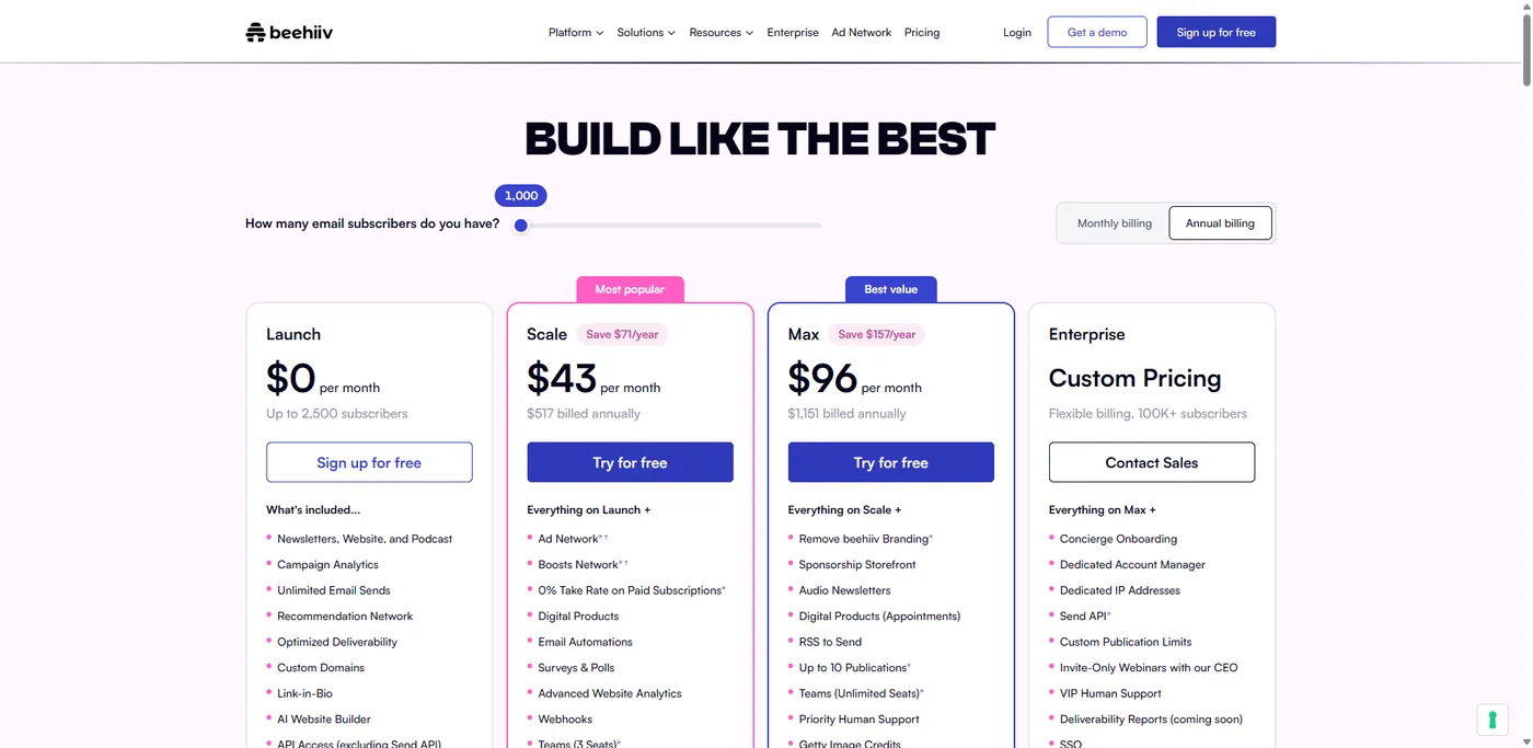 Beehiiv pricing page June 2026: Launch plan at zero dollars to 2,500 subscribers, Scale plan listing a zero percent take rate and the recommendation network