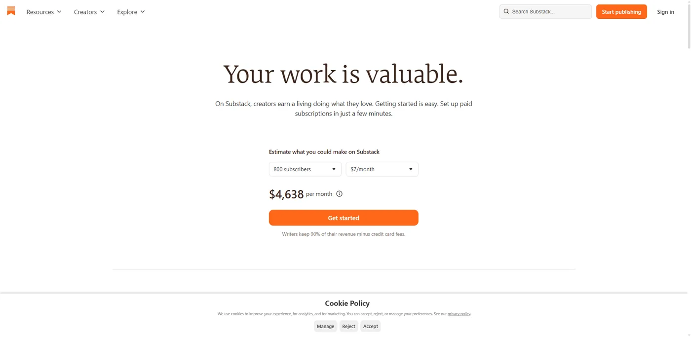 Substack going-paid page June 2026: earnings estimator, get started, writers keep 90 percent of revenue minus credit card fees