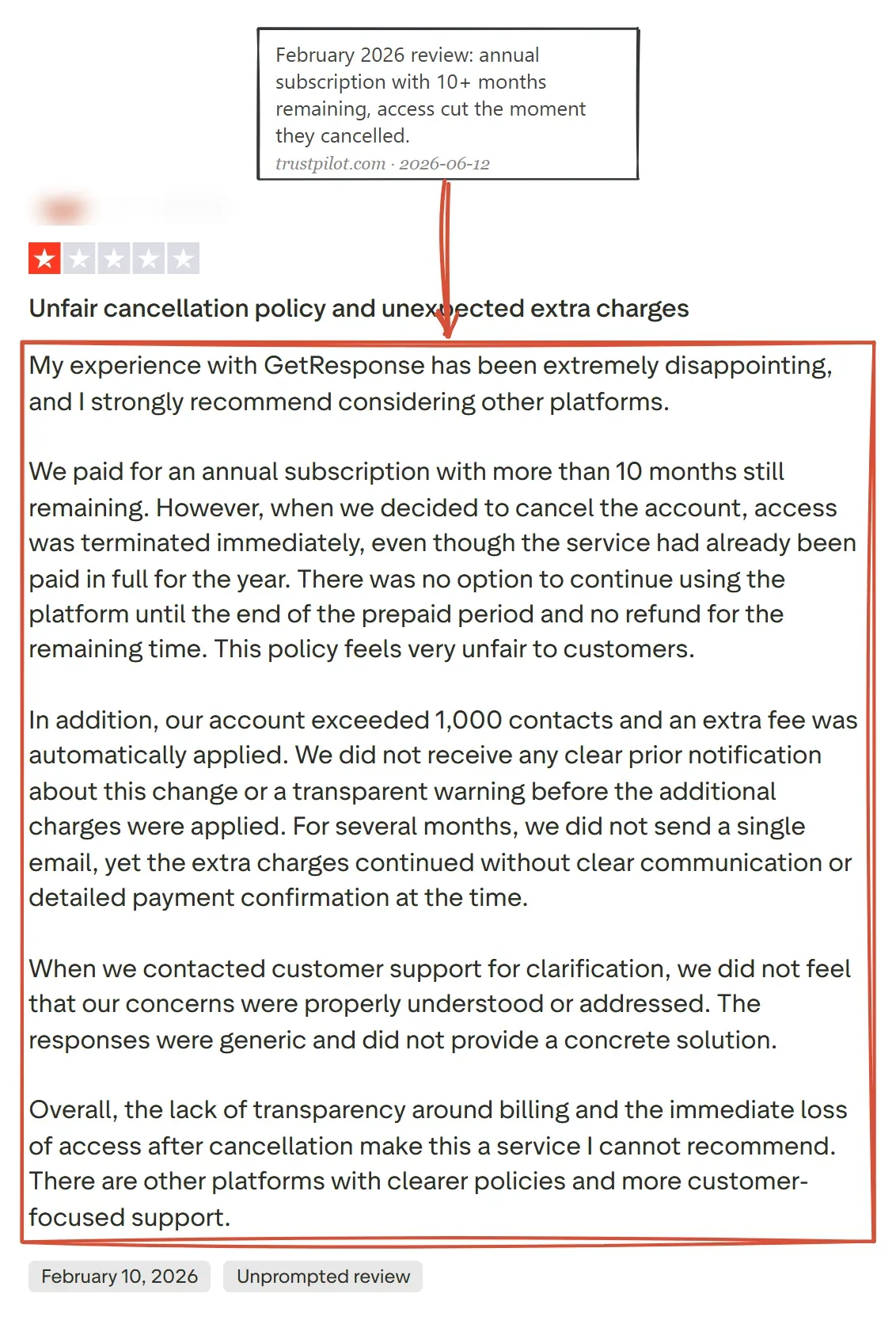 Trustpilot one-star review of GetResponse, February 2026: annual subscription with more than 10 months remaining, access terminated immediately on cancellation, plus an unexplained extra-fee charge