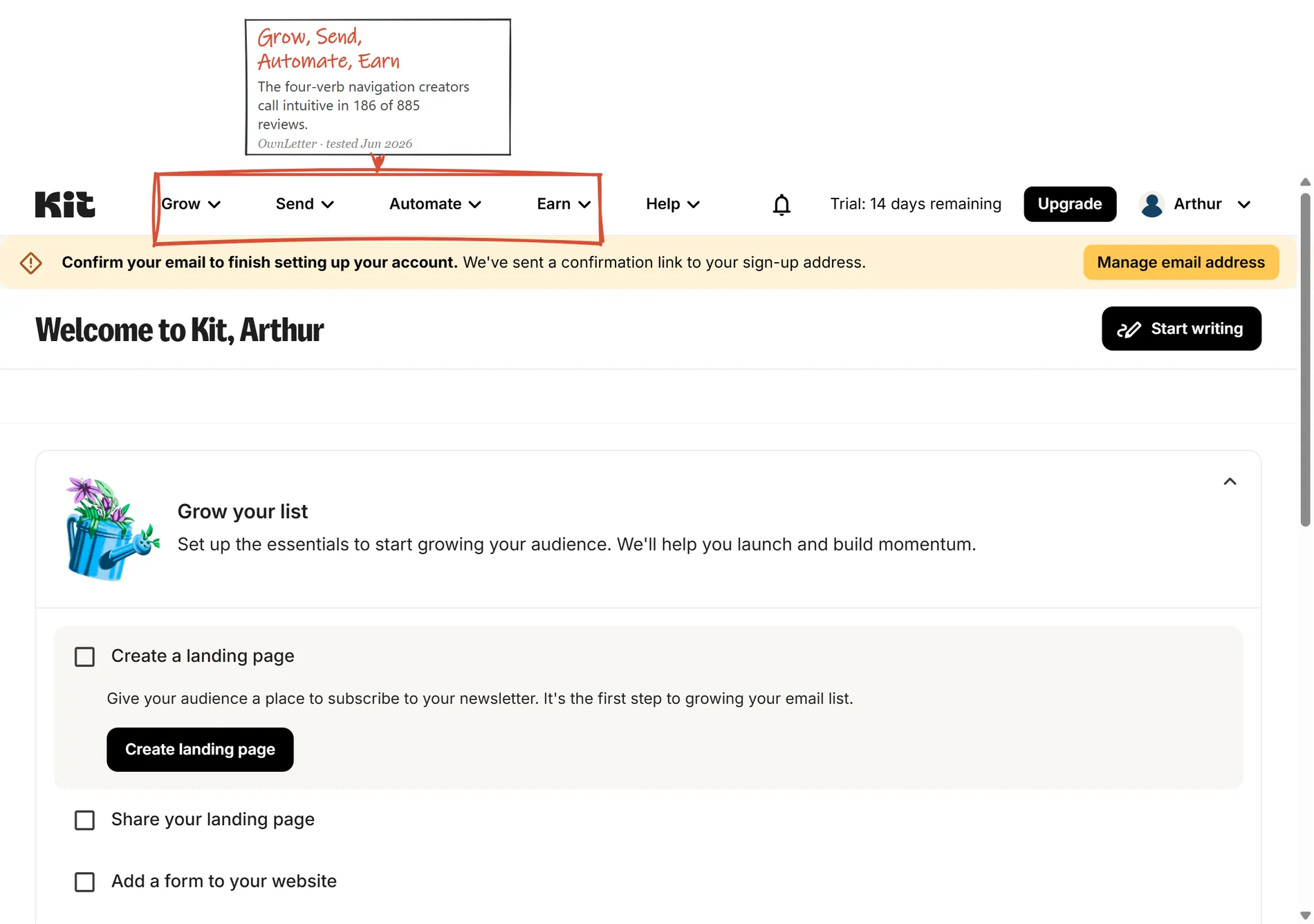 Kit dashboard home on a fresh trial account with the Grow, Send, Automate, Earn navigation