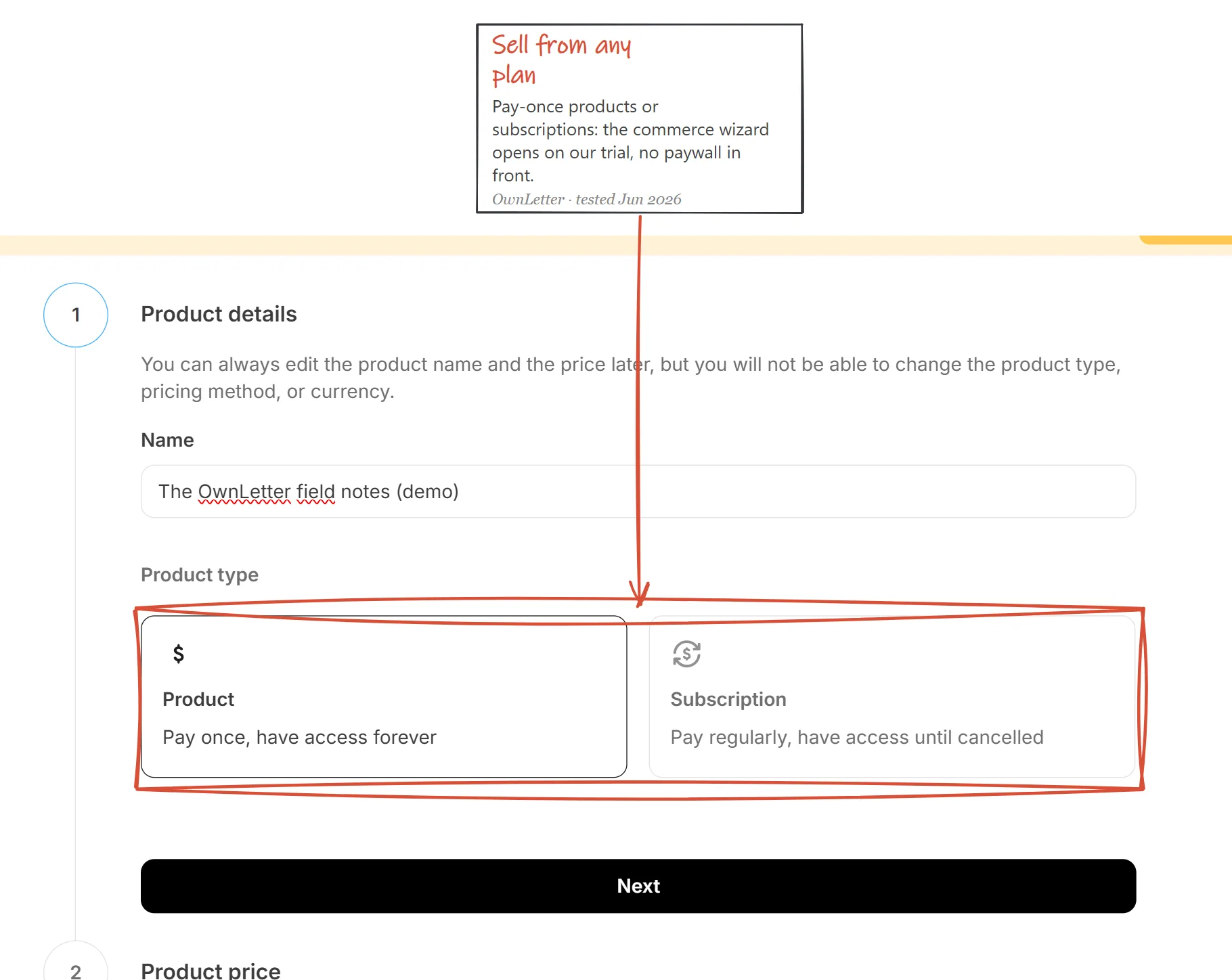 Kit's product creation wizard on a trial account, showing pay-once product and subscription types