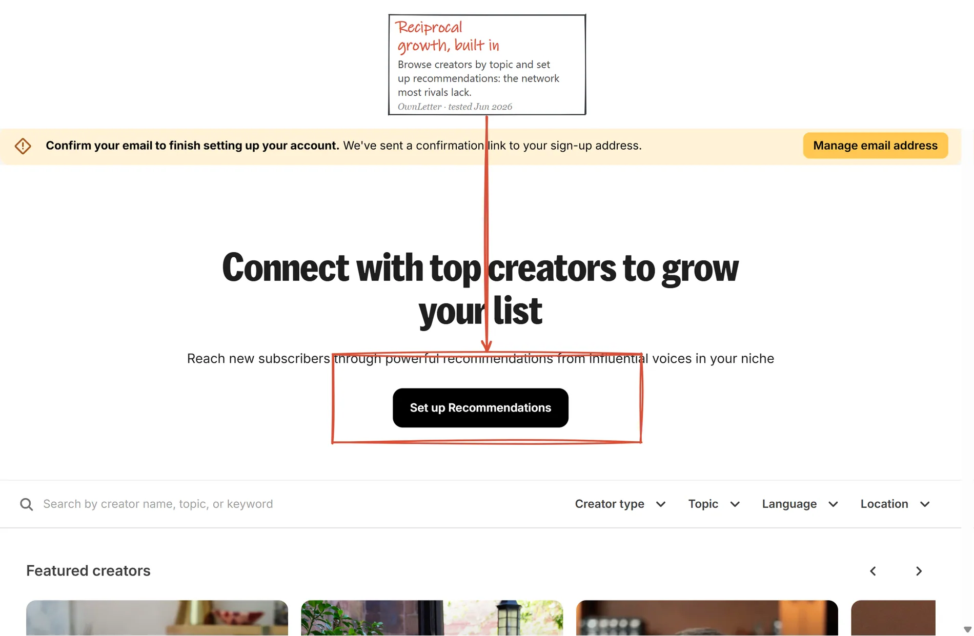 Kit's Creator Network directory with topic filters and the Set up Recommendations flow