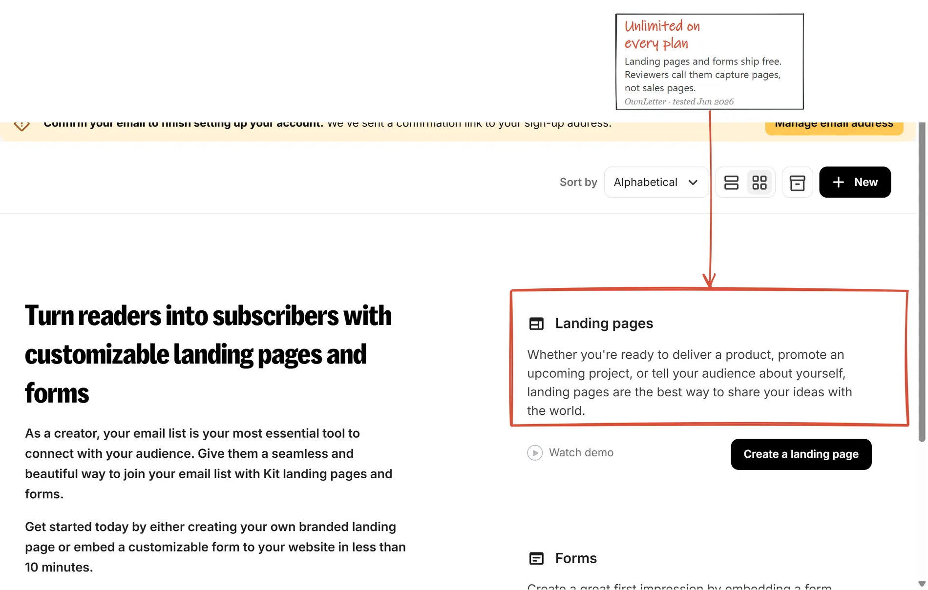 Kit's landing pages and forms surface on a trial account