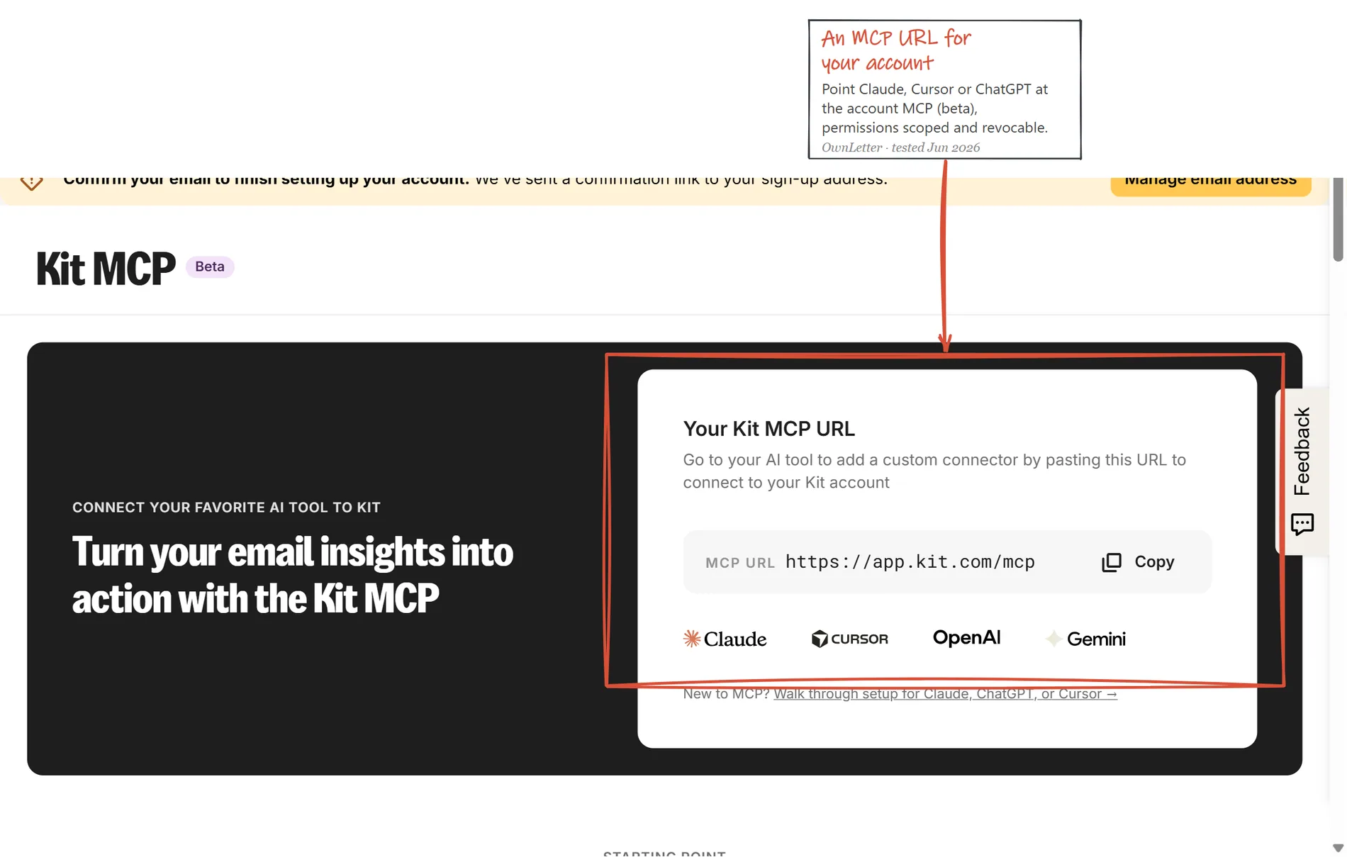 Kit MCP beta screen with the per-account MCP URL and supported AI clients