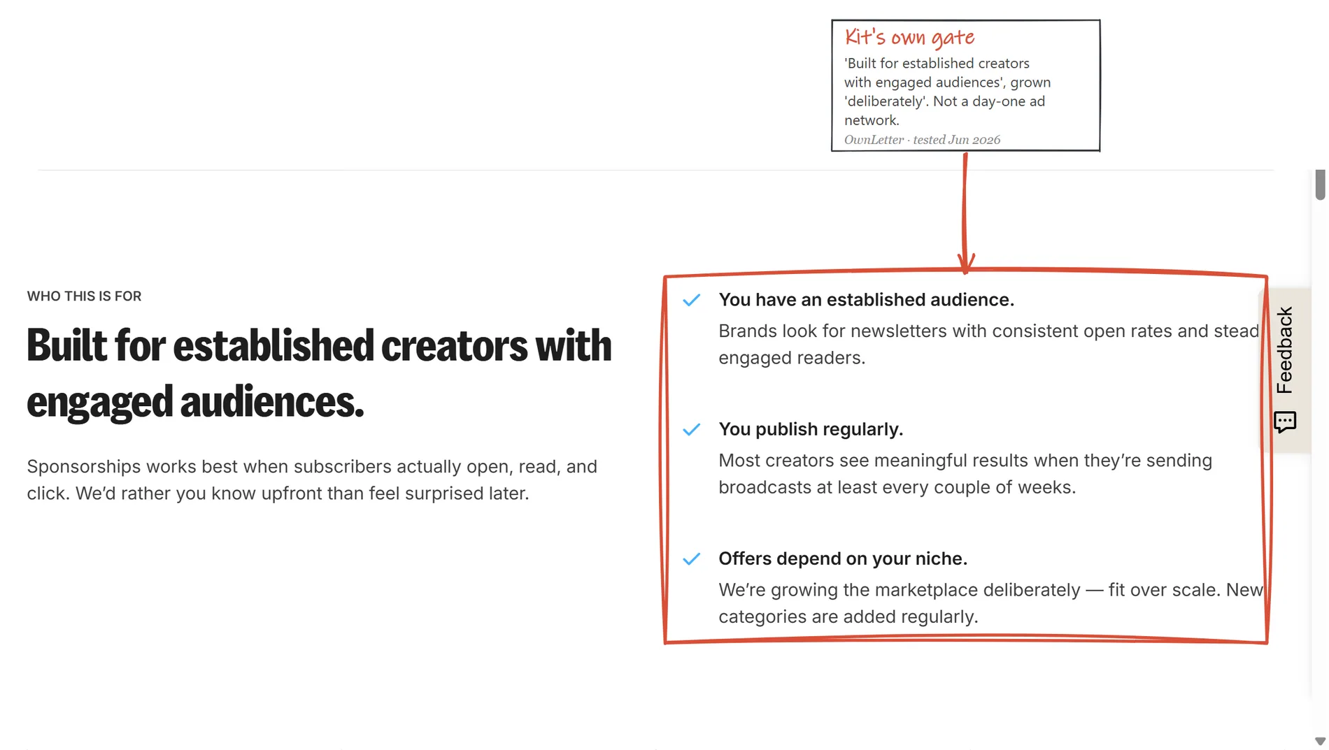 Kit's Newsletter Sponsorships beta showing the who-this-is-for eligibility framing