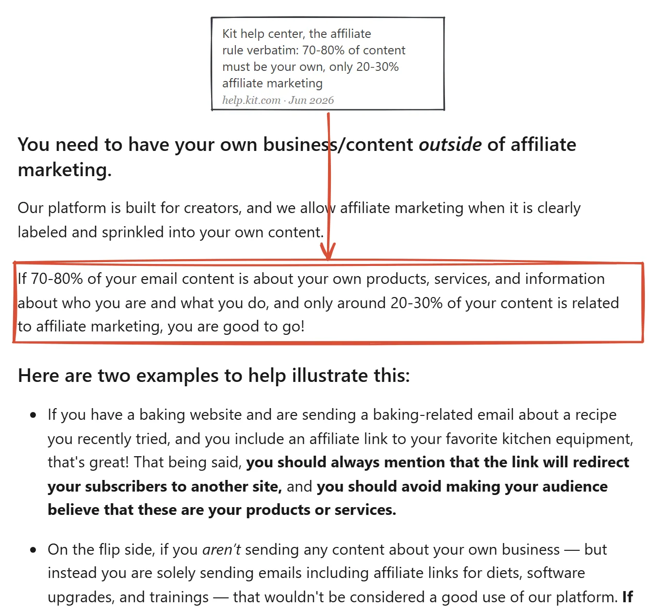 Kit help center captured June 2026: if 70 to 80 percent of your email content is about your own products and services and only around 20 to 30 percent is related to affiliate marketing, you are good to go