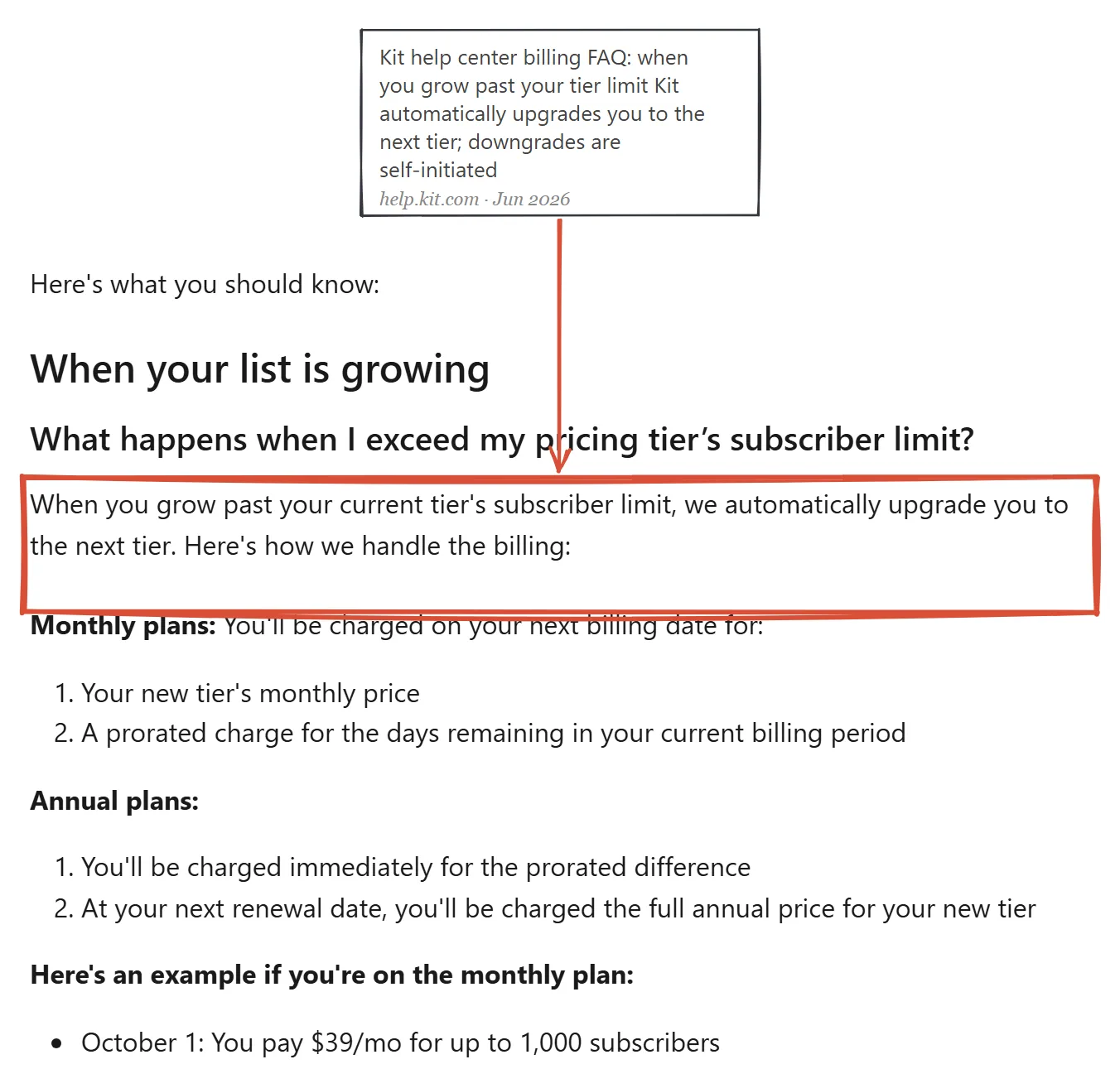 Kit help center billing FAQ captured June 2026: when you grow past your current tier's subscriber limit, we automatically upgrade you to the next tier