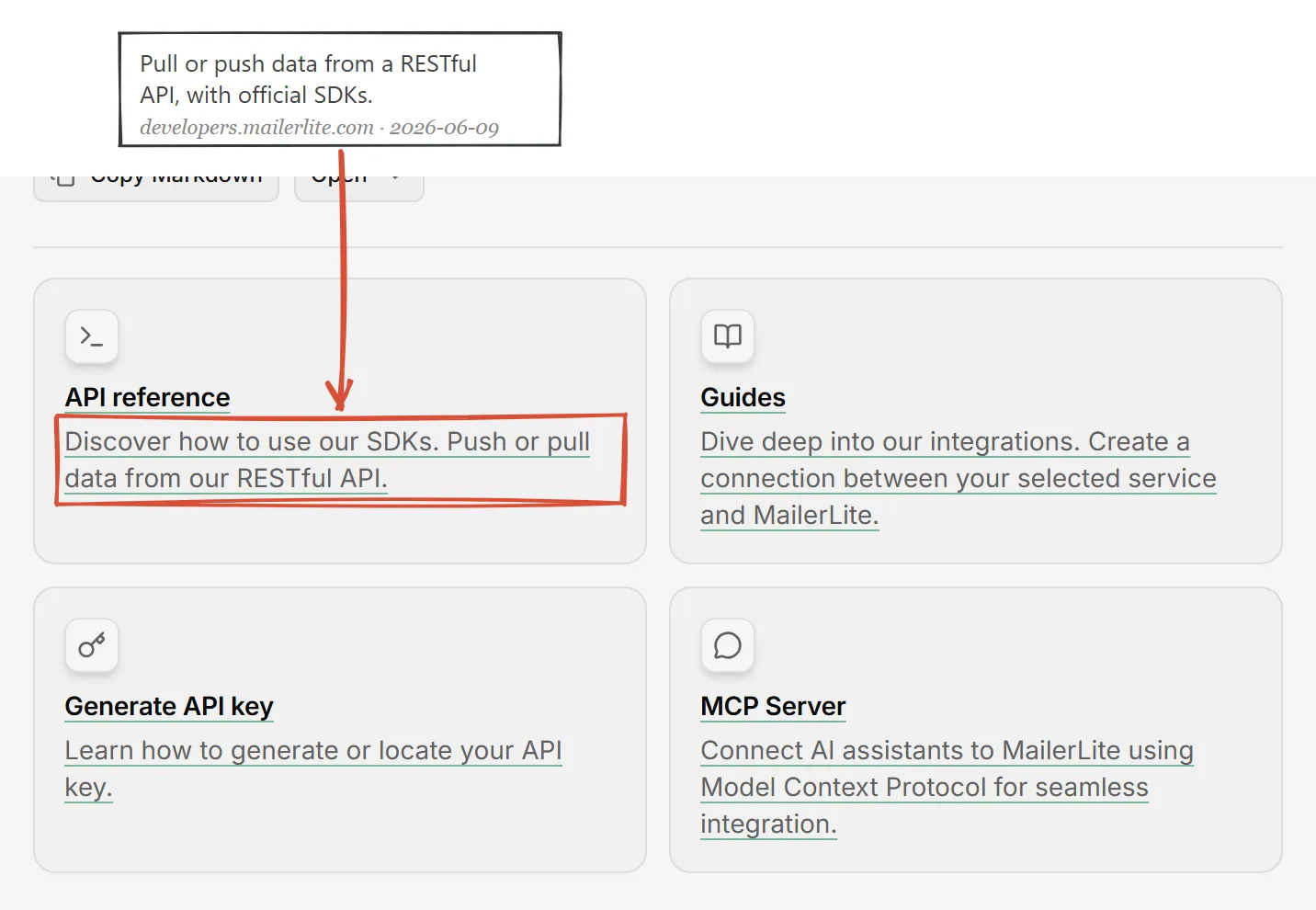 MailerLite developer documentation showing the REST API available on all plans