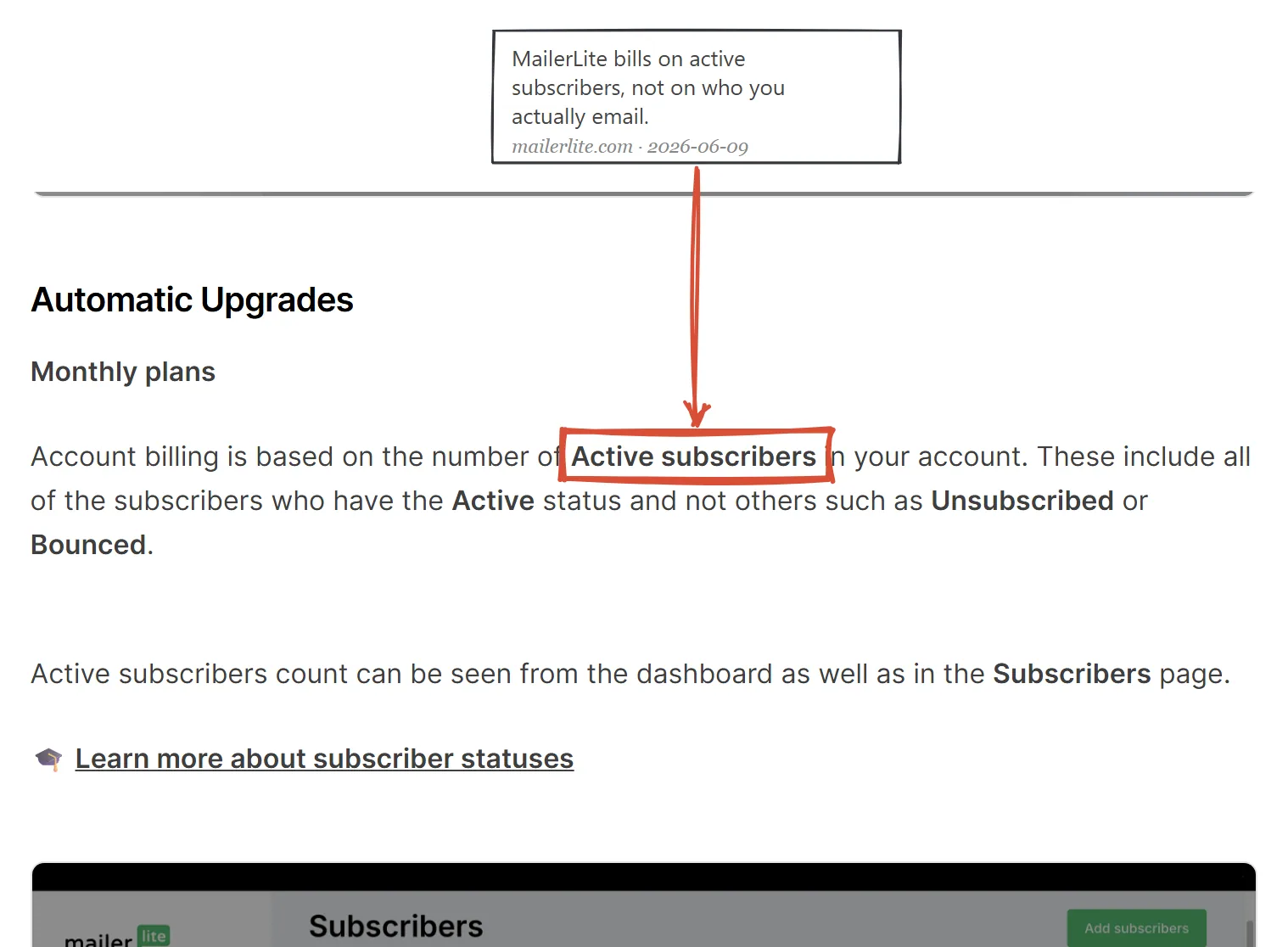 MailerLite billing help page explaining how active subscribers are counted