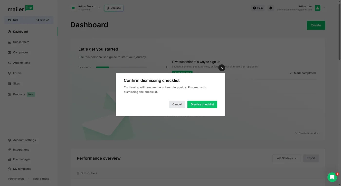 MailerLite dashboard on a logged-in account