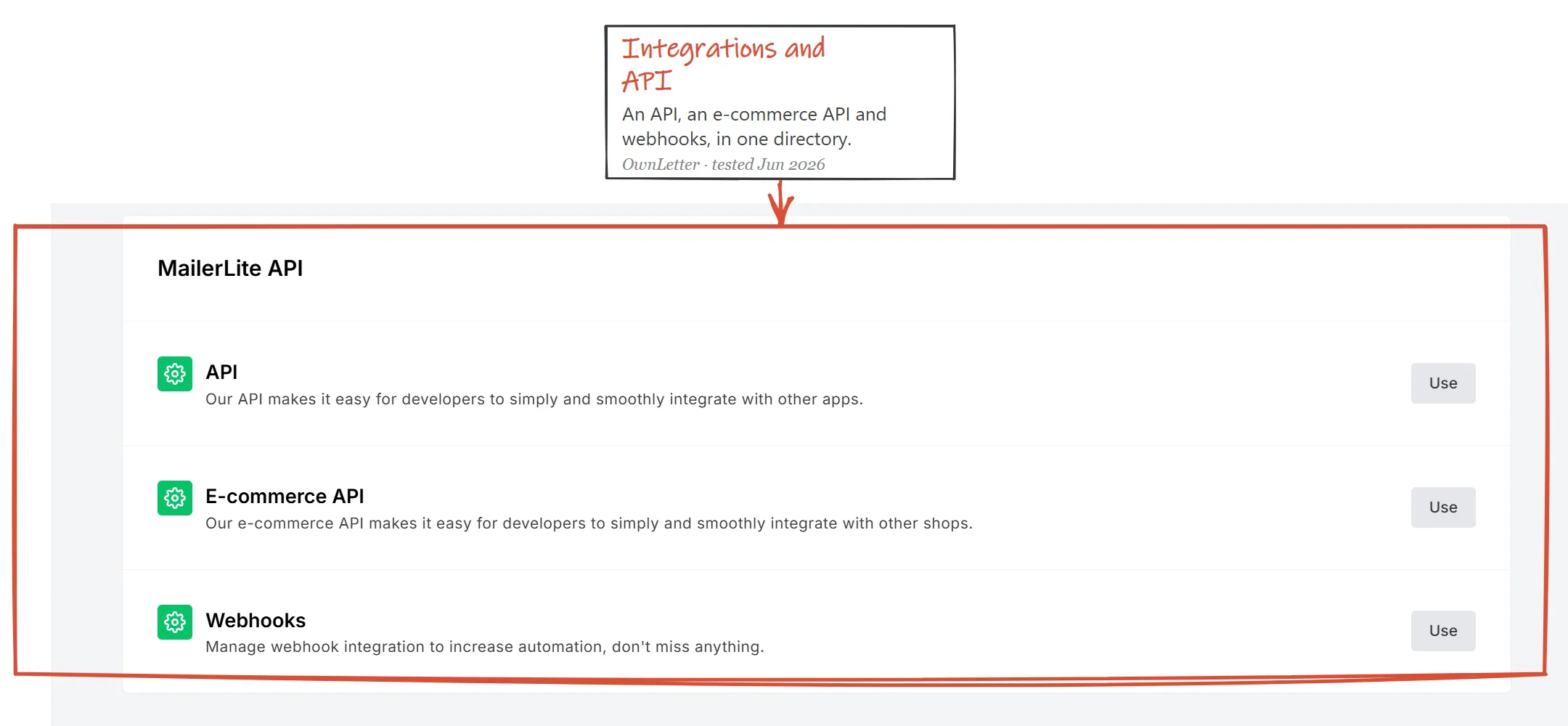 MailerLite integrations directory and API access on a logged-in account
