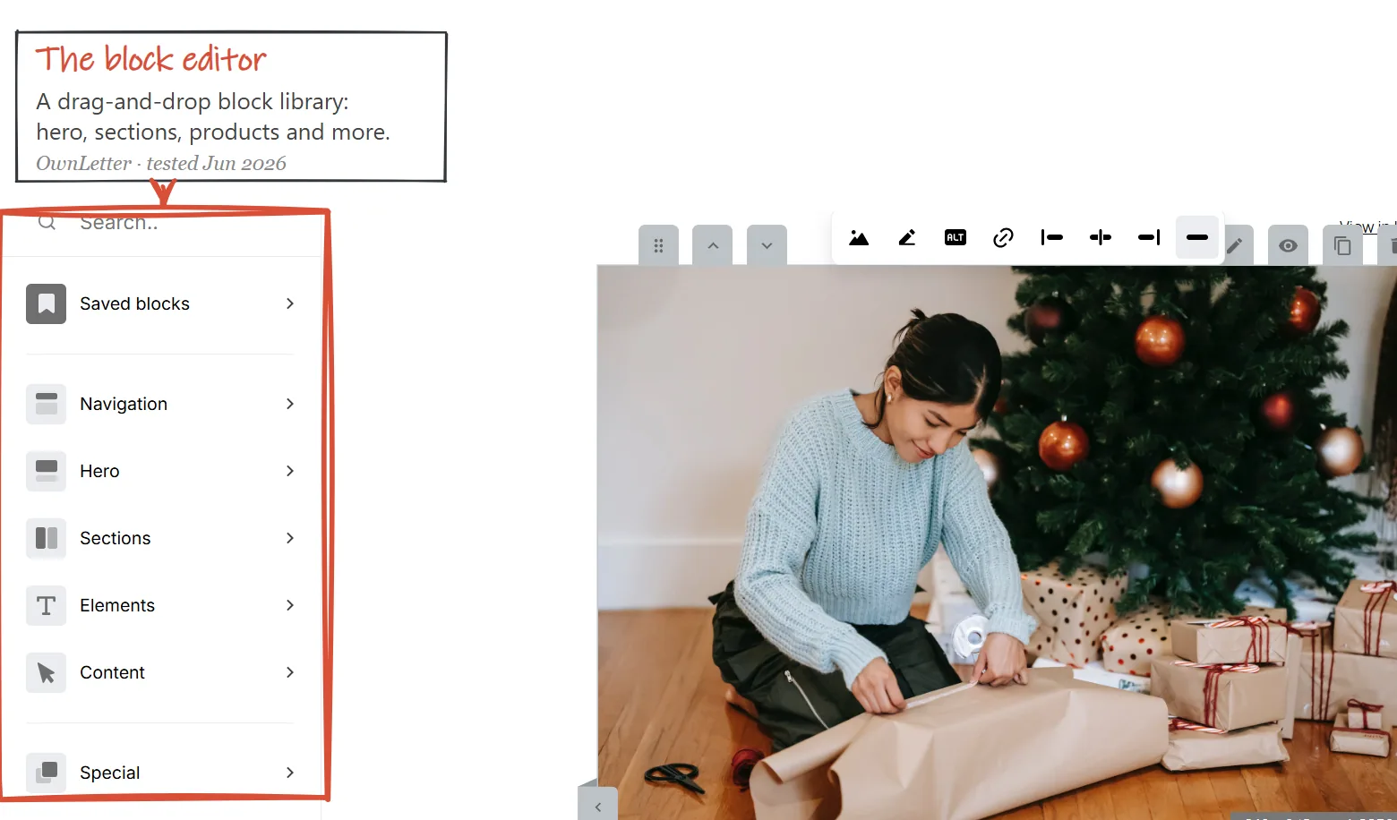 MailerLite drag-and-drop email editor with the block library