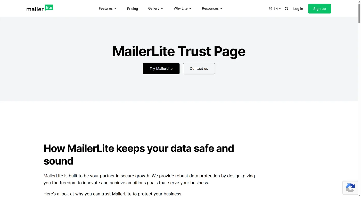 MailerLite trust and security page describing its data-protection posture