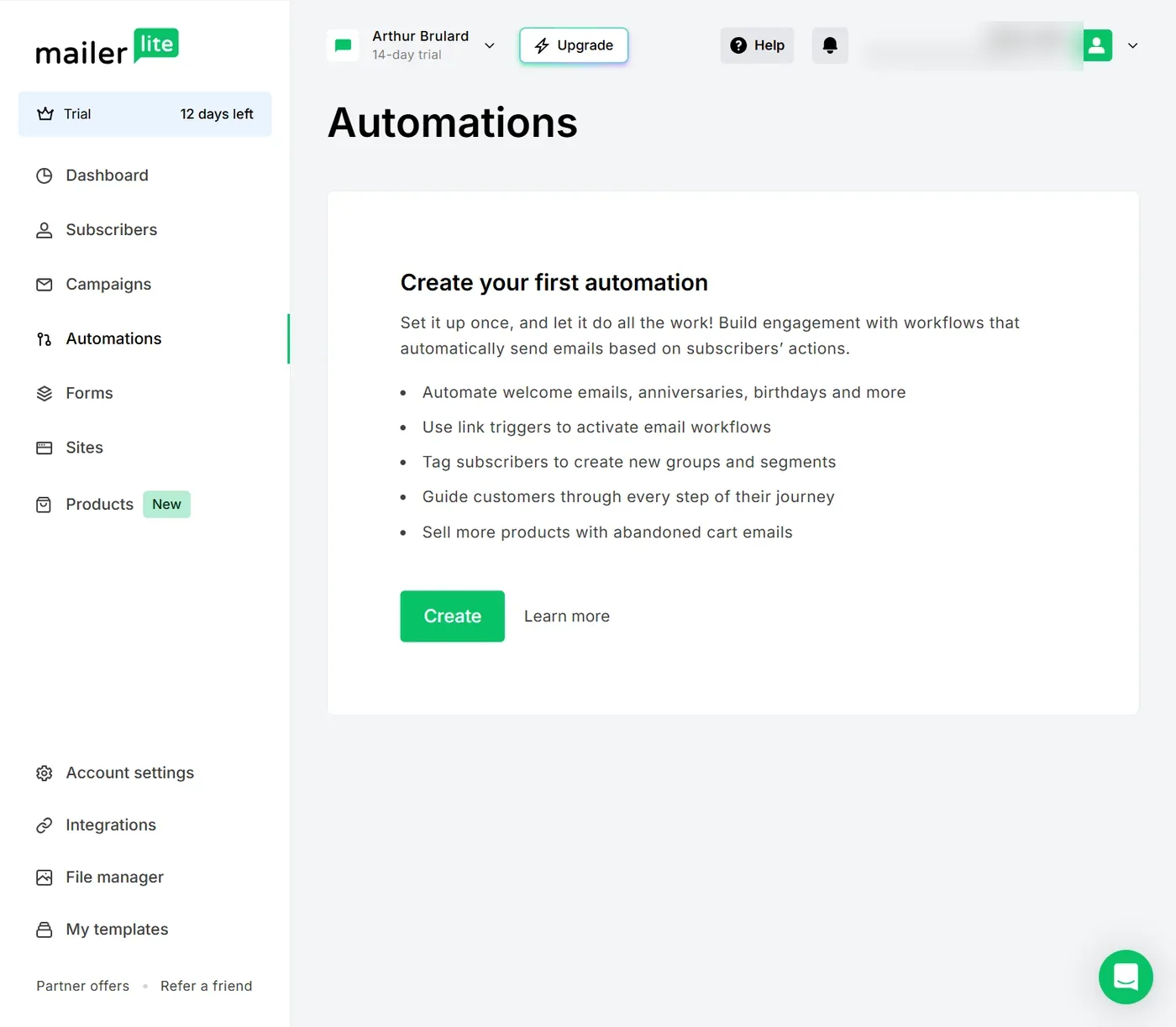 MailerLite Automations page on our own free-plan account, June 2026: the Create your first automation entry screen listing welcome emails, link triggers, tagging and abandoned-cart workflows