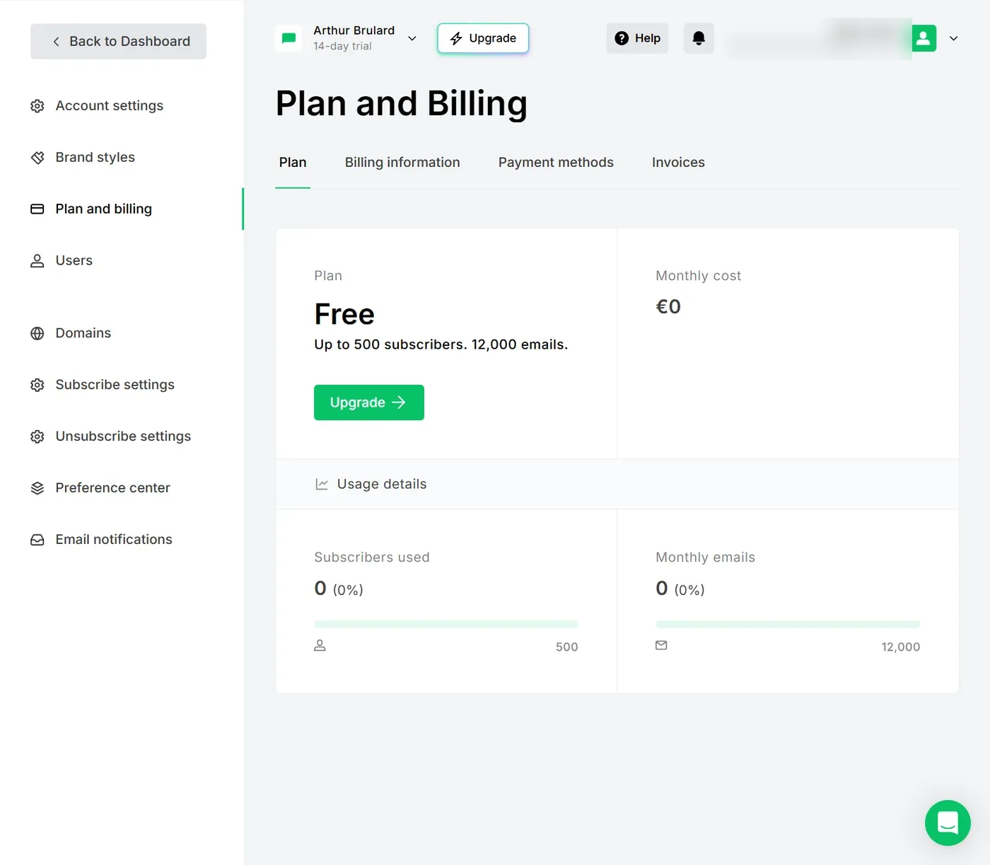 MailerLite Plan and Billing screen on our own free account, June 2026: Free plan, zero euros monthly cost, subscribers-used meter against a 500 cap and a 12,000 monthly email cap