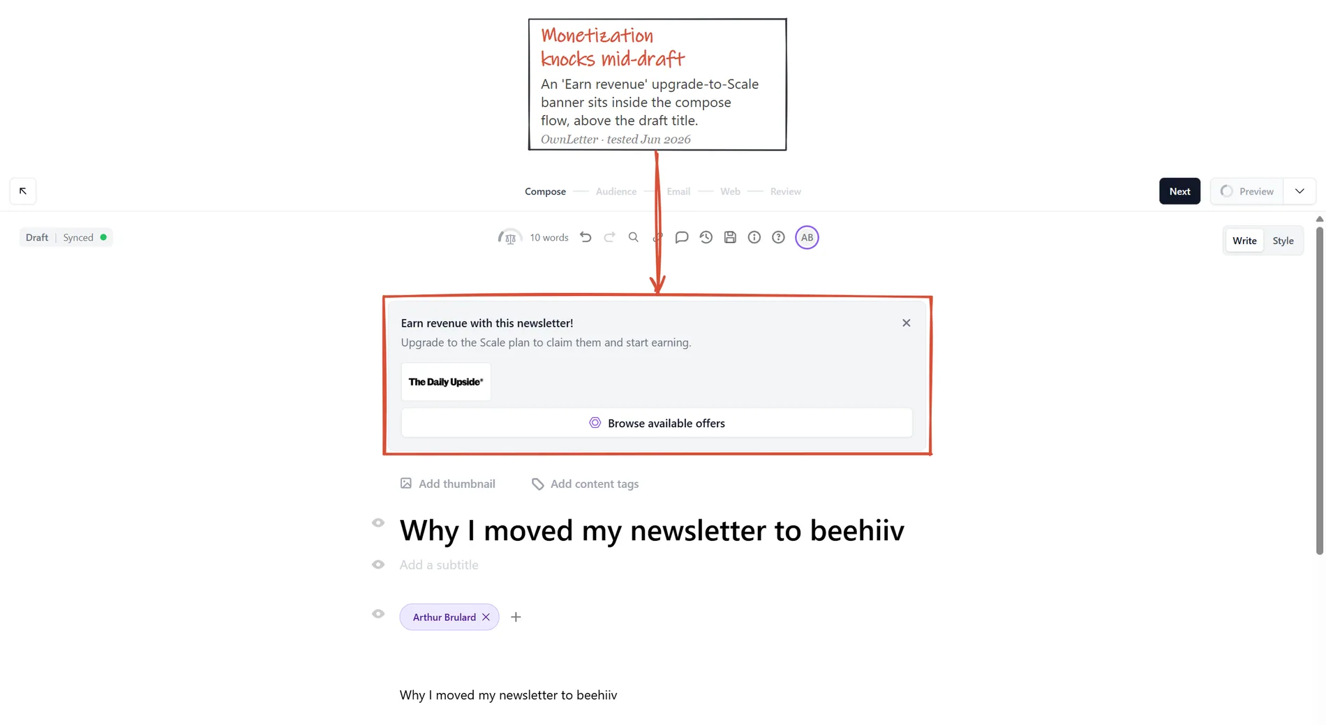 Beehiiv post editor tested June 2026, compose flow with an upgrade-to-Scale revenue banner above the draft title