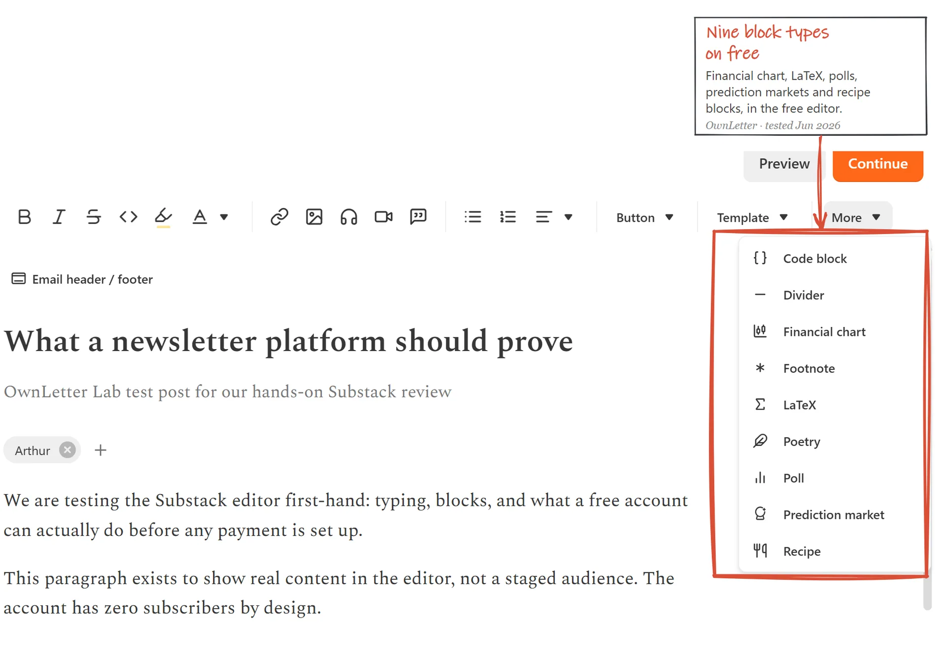 Substack's post editor on our test publication with the More block menu open