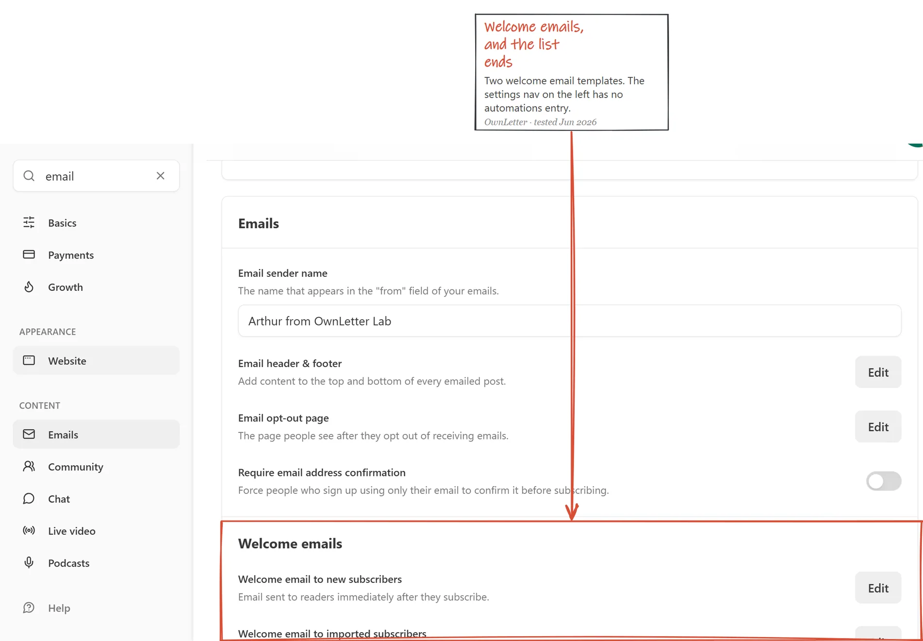 Substack settings showing the Emails section with only two welcome email templates
