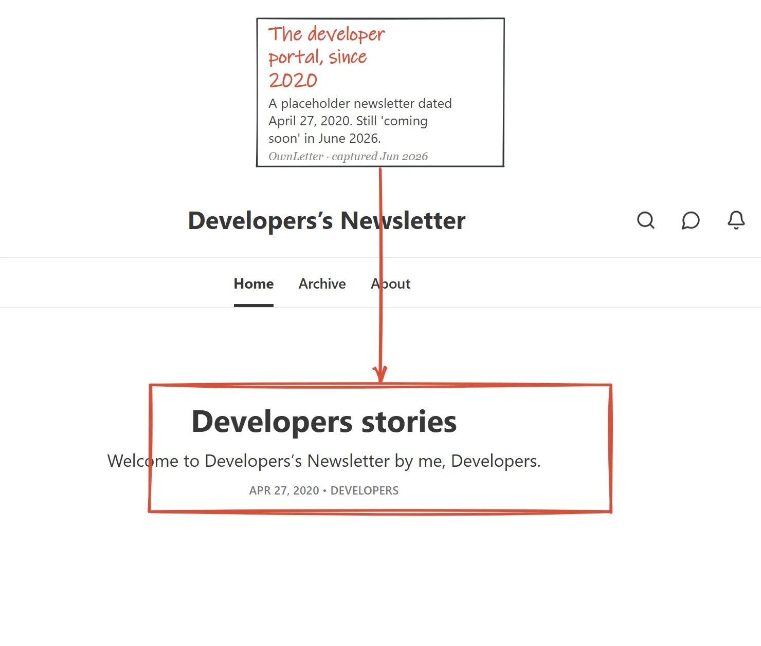 developers.substack.com showing a placeholder newsletter dated April 27, 2020