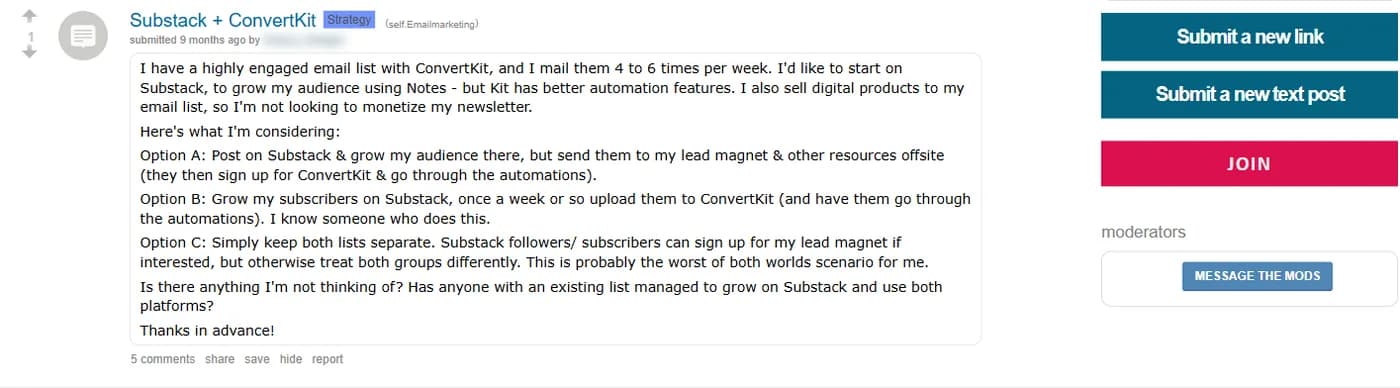 Reddit post from a creator weighing Substack for discovery against Kit for automation, the dual-stack pattern