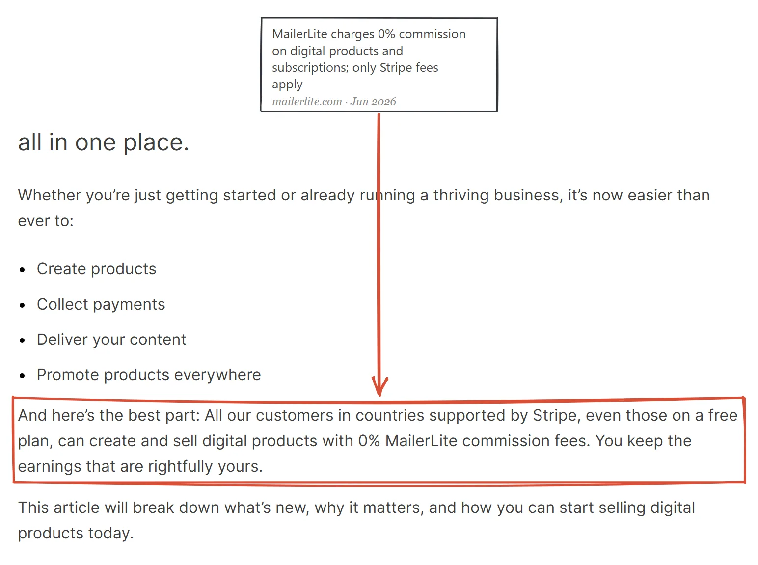 MailerLite blog June 2026: customers, even on a free plan, can sell digital products with 0 percent MailerLite commission fees