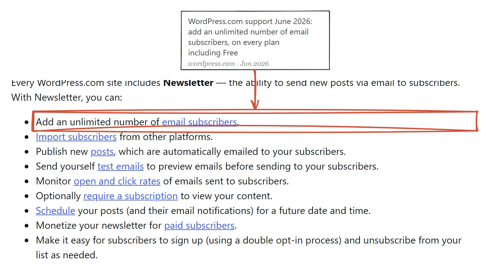 WordPress.com support page captured June 2026: add an unlimited number of email subscribers