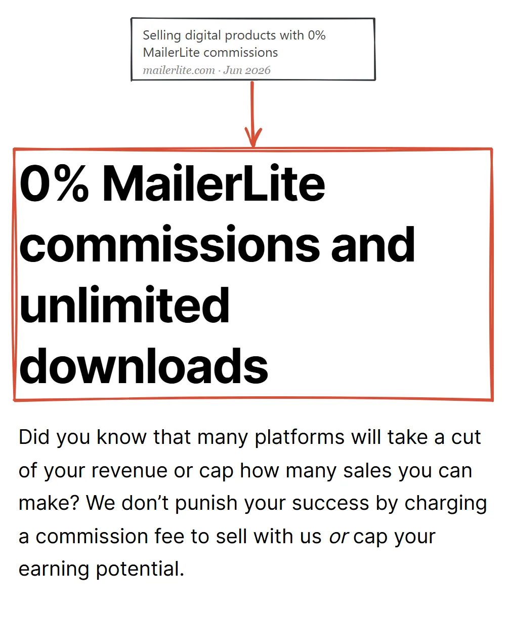 MailerLite digital products page June 2026: 0% MailerLite commissions and unlimited downloads