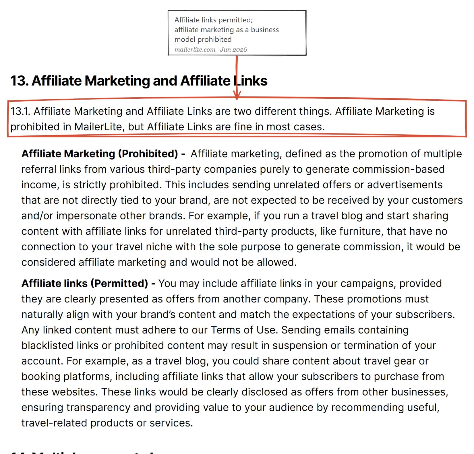 MailerLite terms of service June 2026: affiliate links are fine, affiliate marketing as a model is prohibited