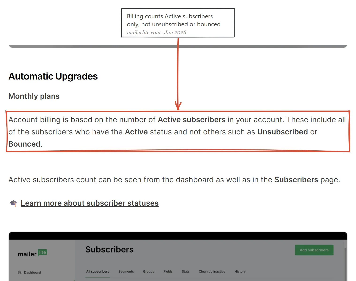 MailerLite billing help page June 2026: plans count active subscribers, not unsubscribed or bounced