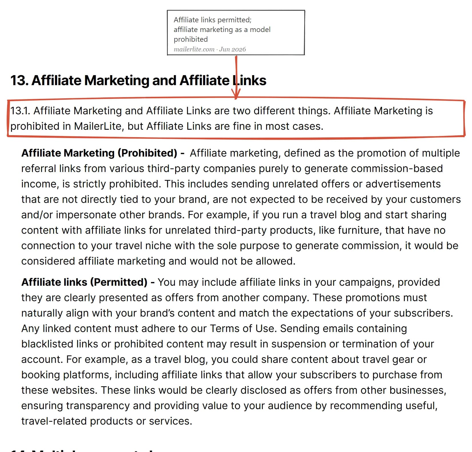 MailerLite terms of service June 2026, section 13.1: affiliate marketing prohibited but affiliate links fine in most cases