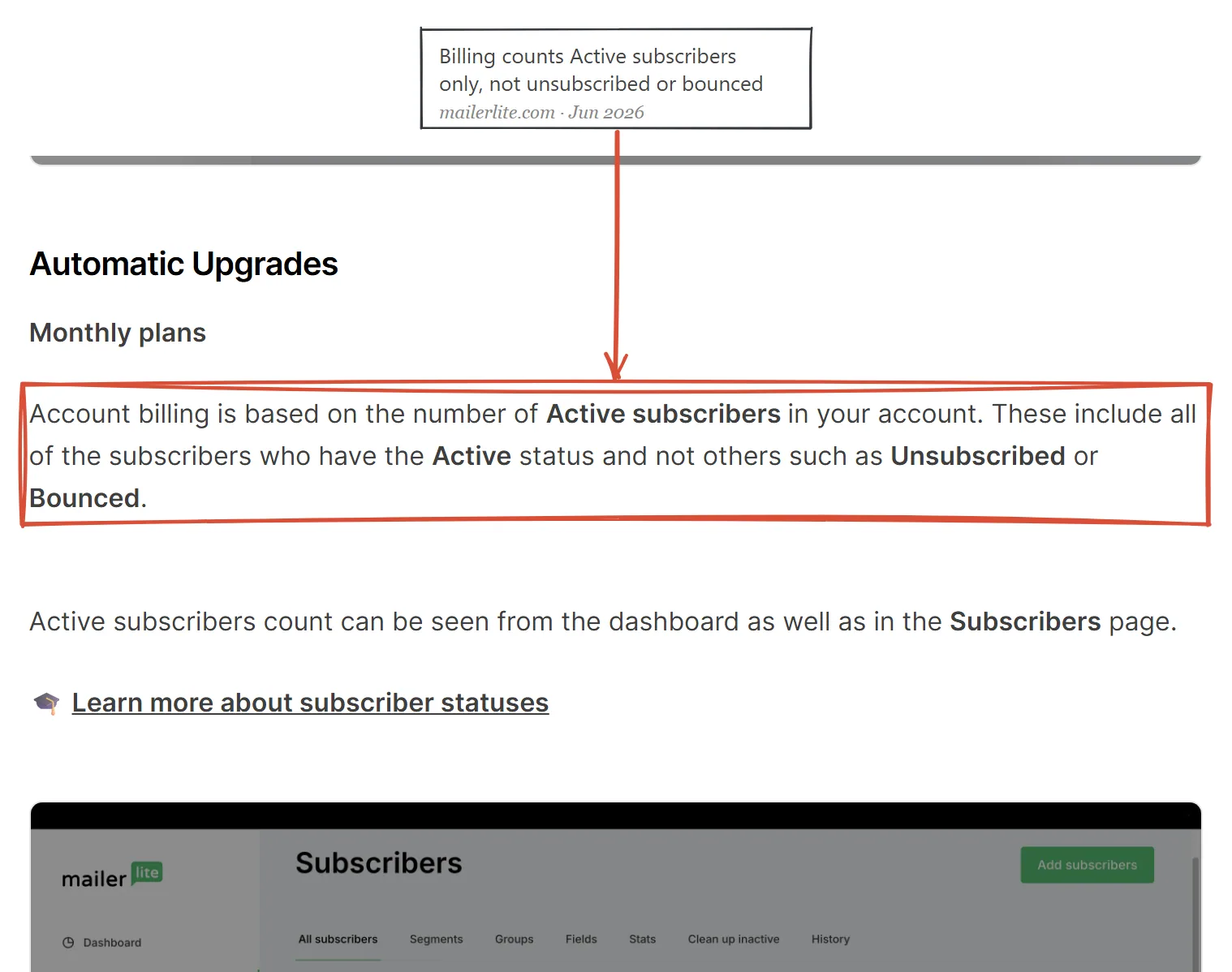 MailerLite help page June 2026: billing is based on Active subscribers, excluding unsubscribed and bounced contacts