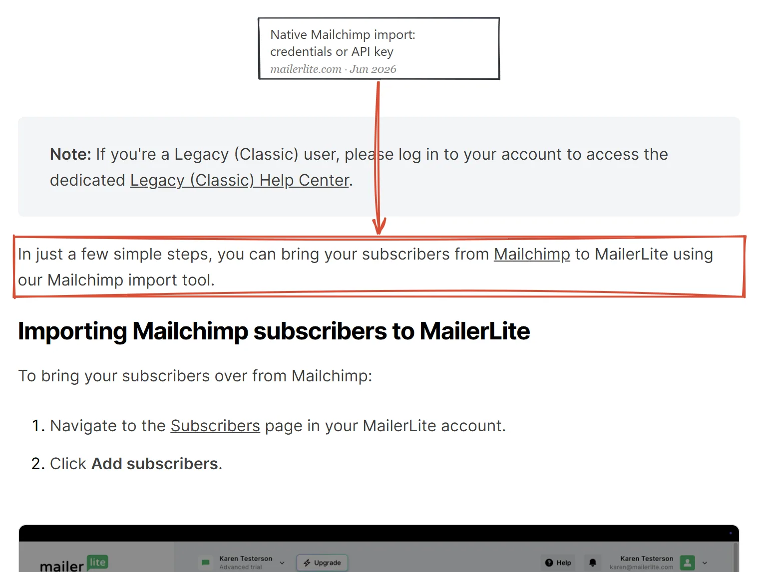 MailerLite help page June 2026 describing the native Mailchimp import tool with credentials or API key connection