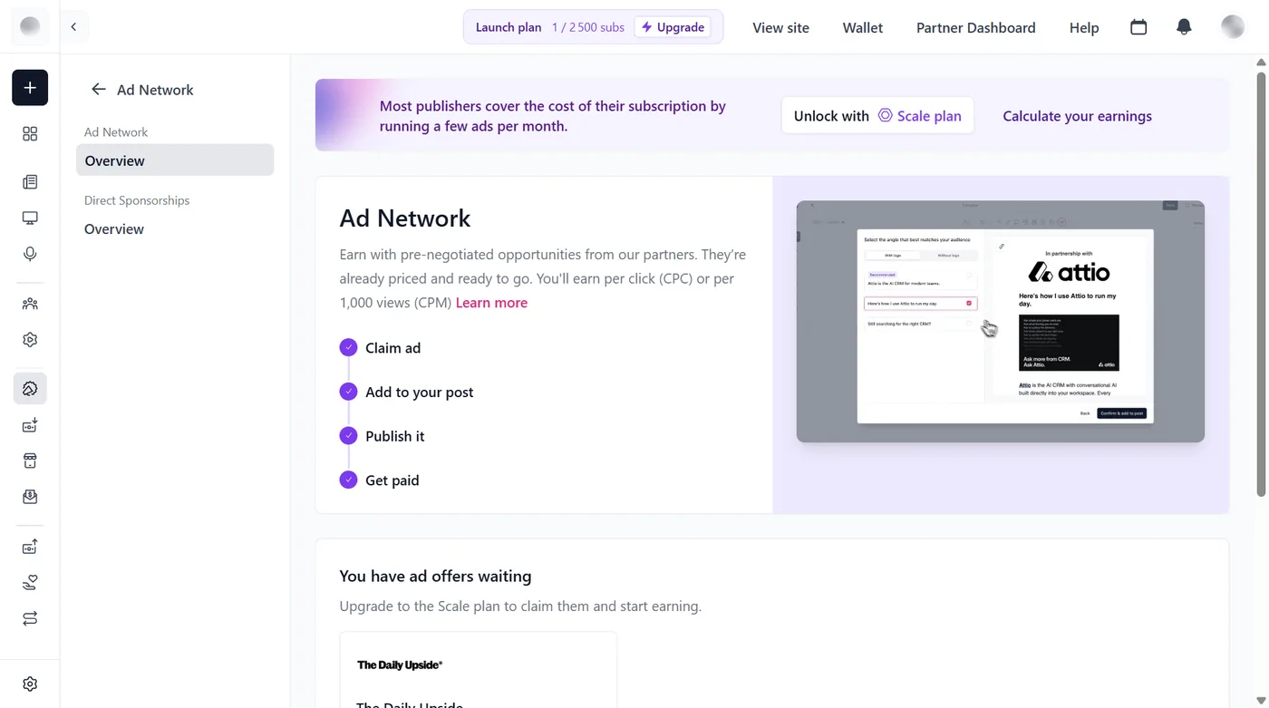 Beehiiv ad network surface on our own free account, June 2026, showing waiting sponsorship offers gated behind the Scale plan